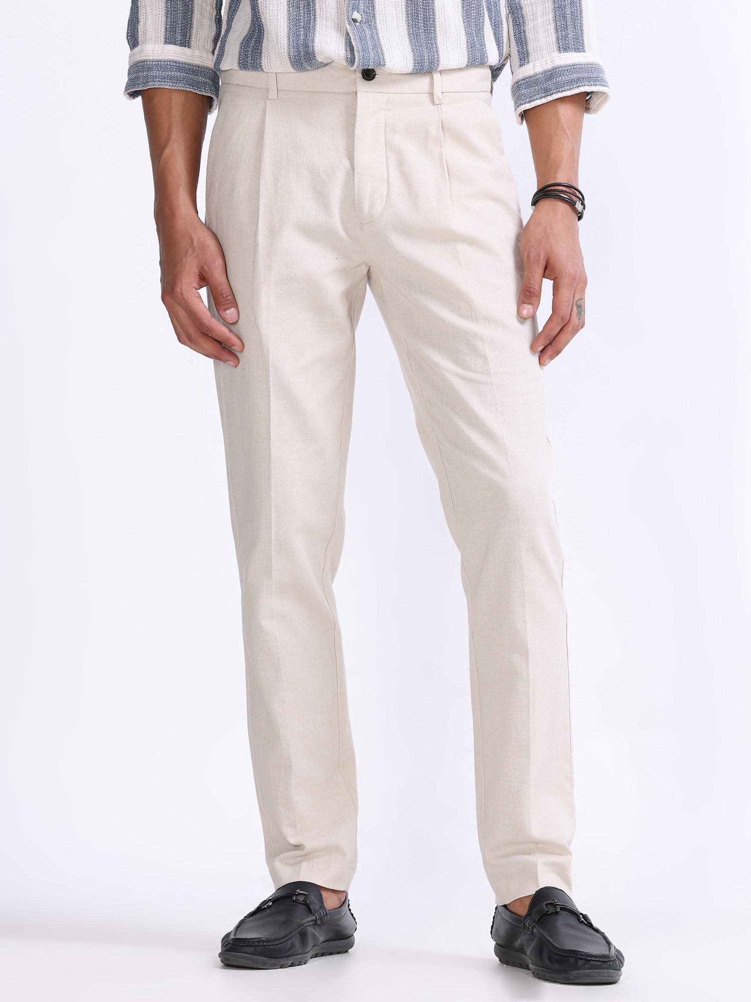 Raw Slub Cream Pleated Pant mens linen trousers