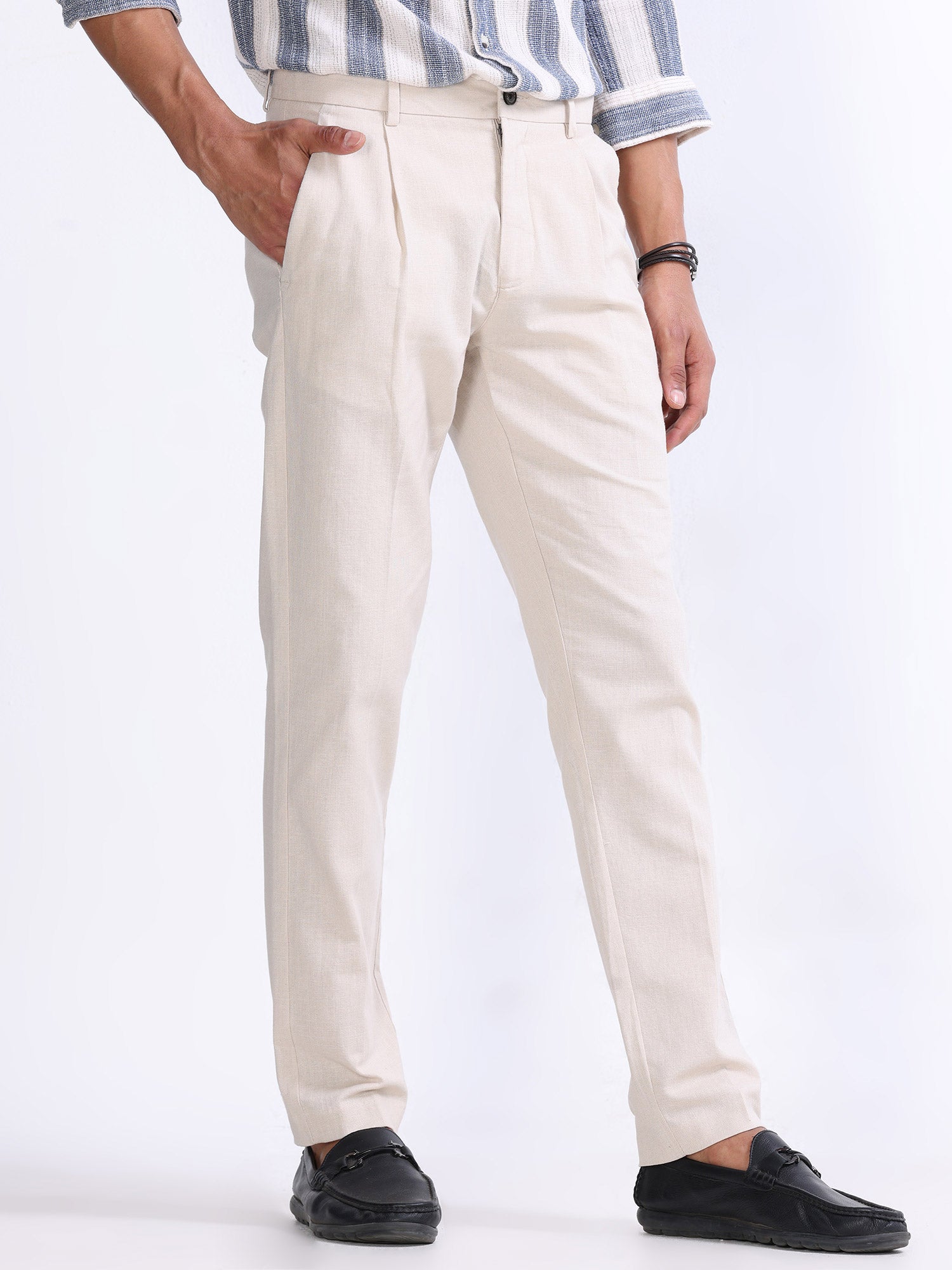 Raw Slub Cream Pleated Pant mens linen trousers