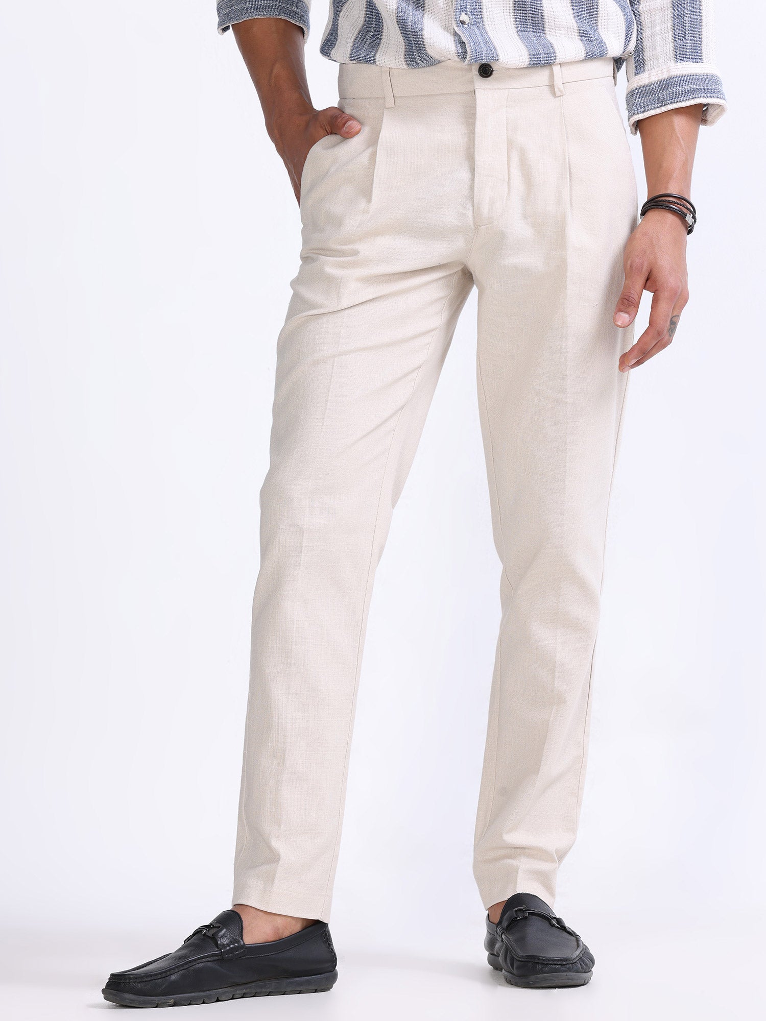 Raw Slub Cream Pleated Pant mens linen trousers
