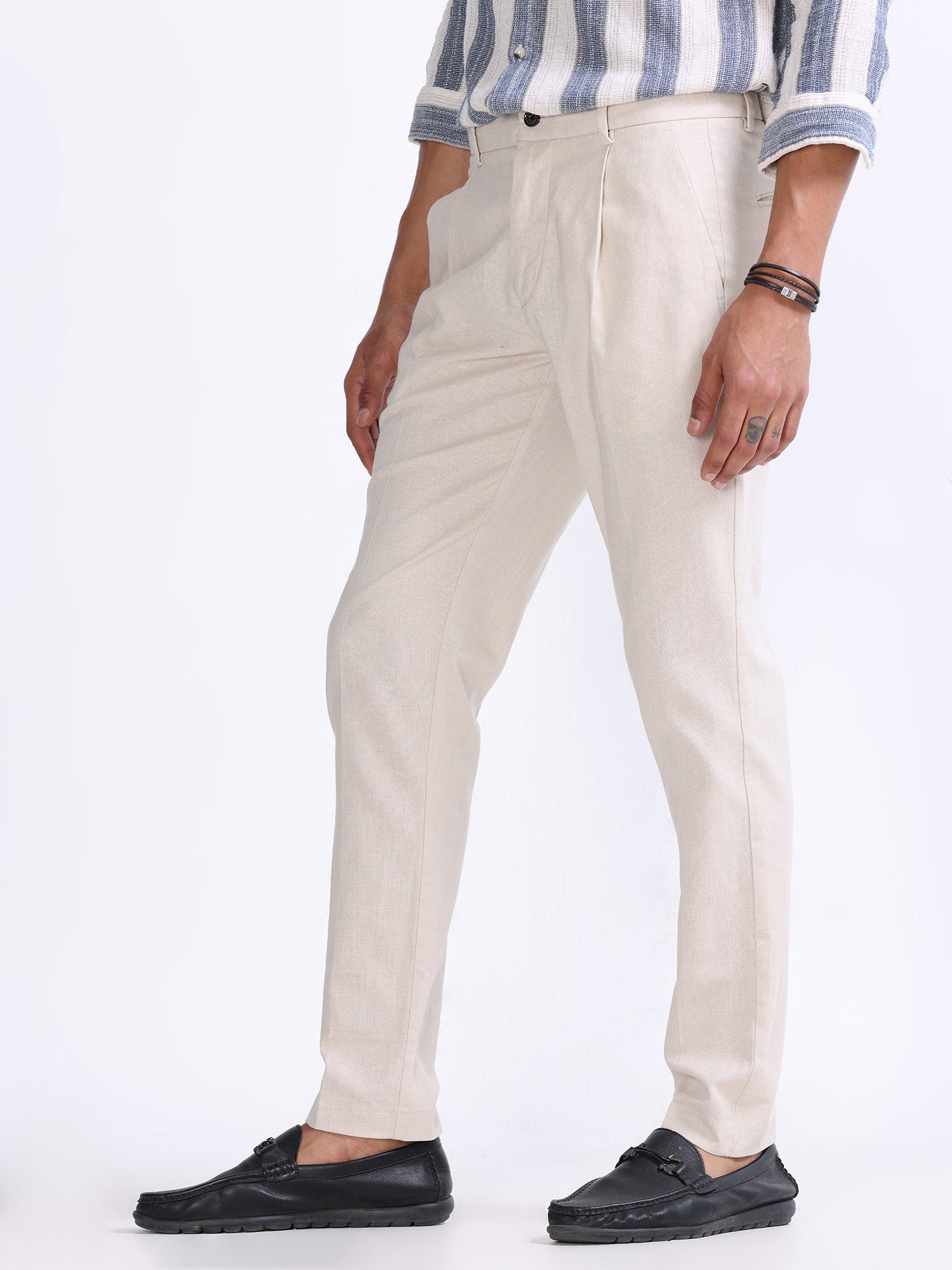Raw Slub Cream Pleated Pant mens linen trousers