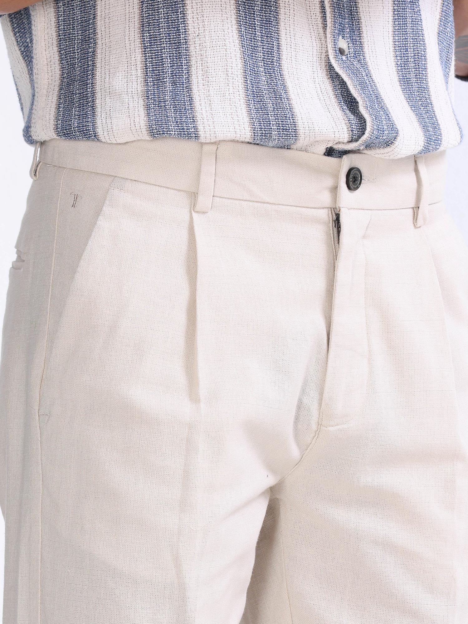 Raw Slub Cream Pleated Pant mens linen trousers