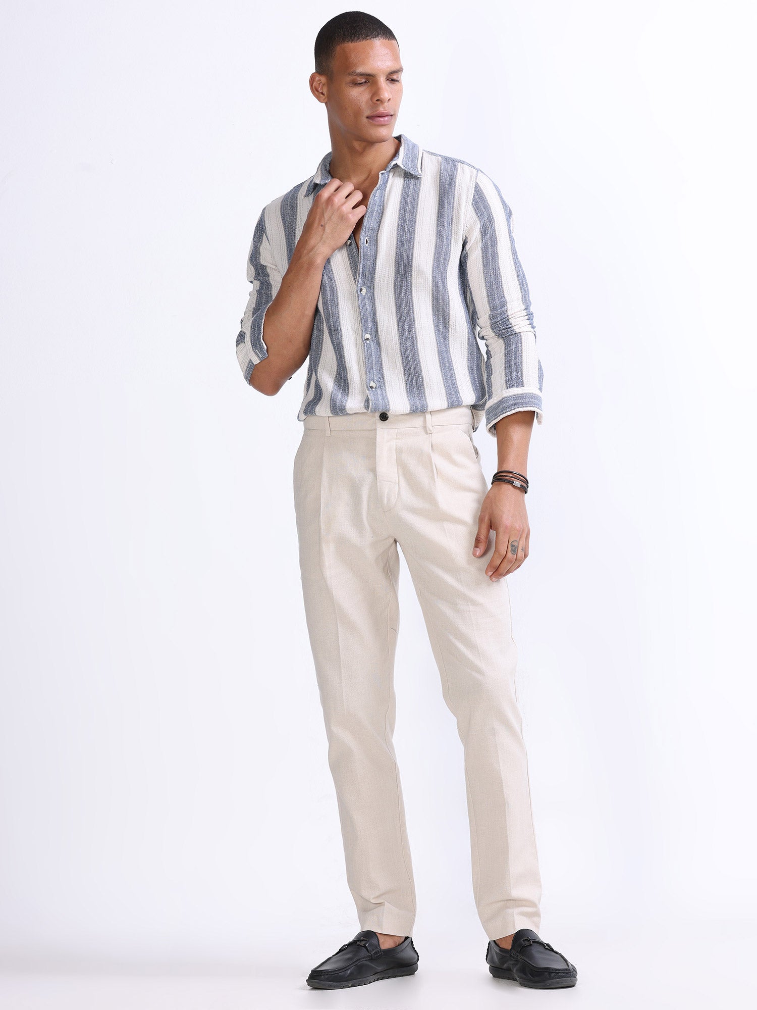 Raw Slub Cream Pleated Pant mens linen trousers