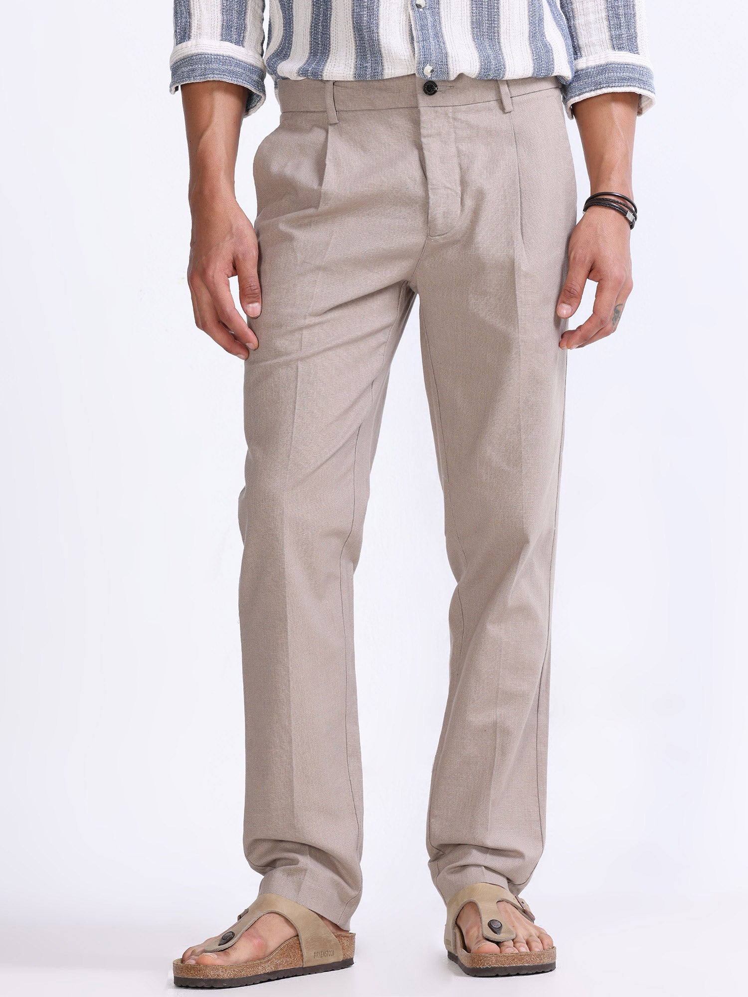 Raw Slub Dust Pleated Pant casual linen trousers