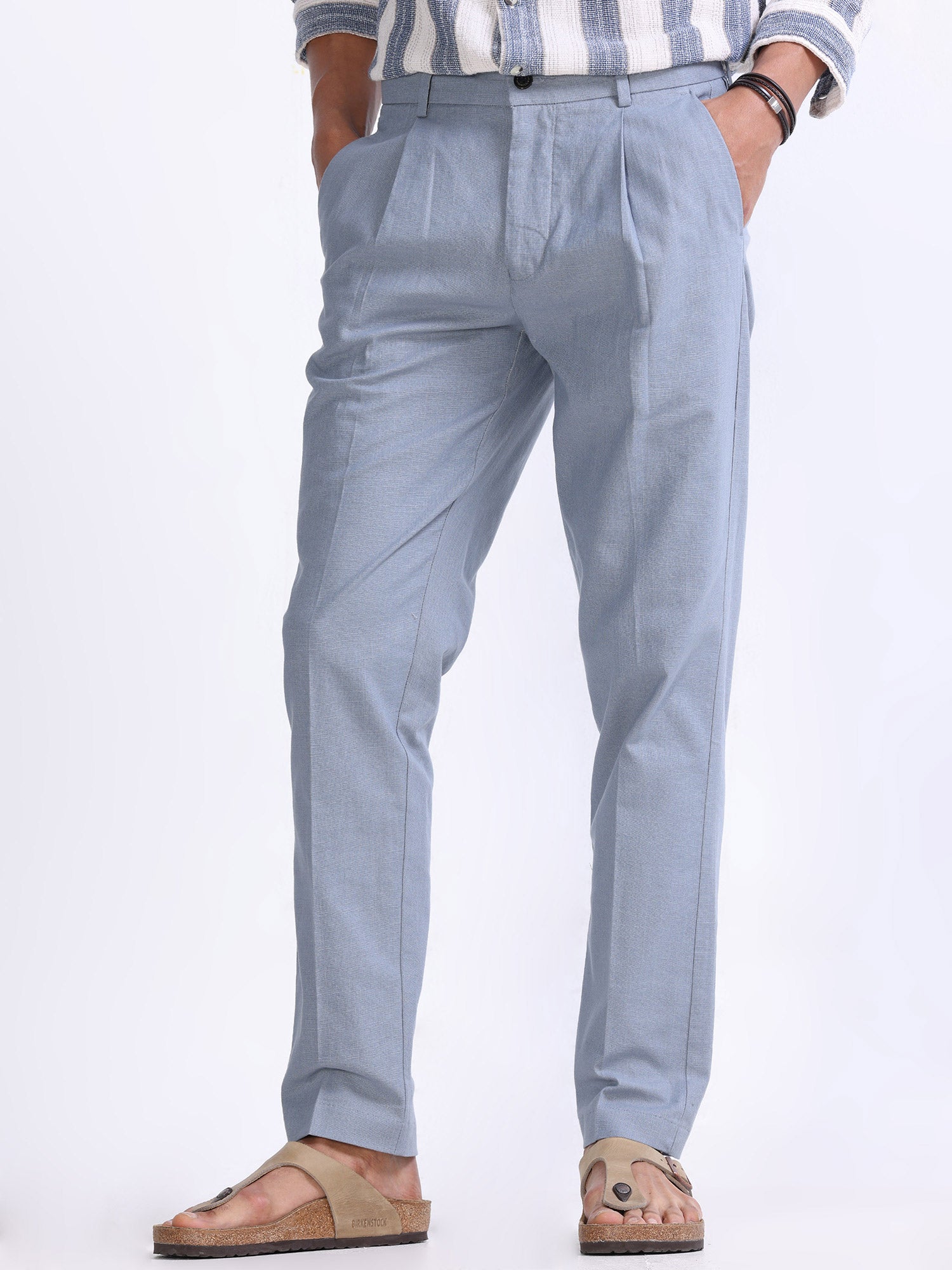 Raw Slub Ocean Blue Pleated Pant cotton linen pants mens