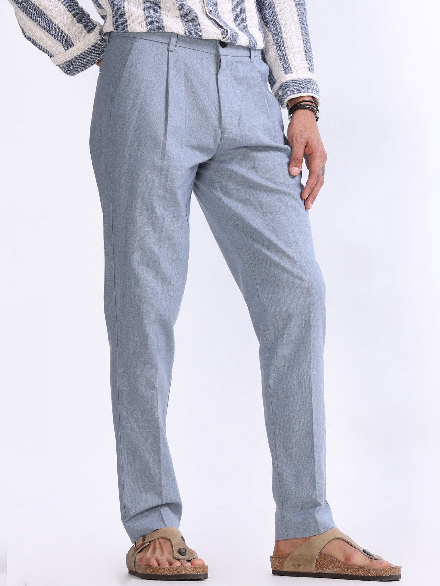 Raw Slub Ocean Blue Pleated Pant cotton linen pants mens