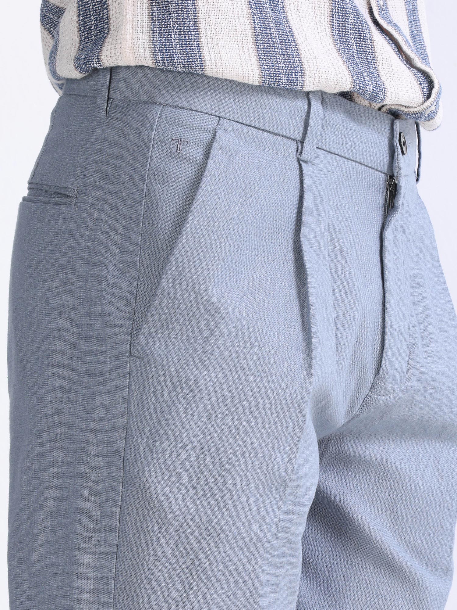 Raw Slub Ocean Blue Pleated Pant cotton linen pants mens