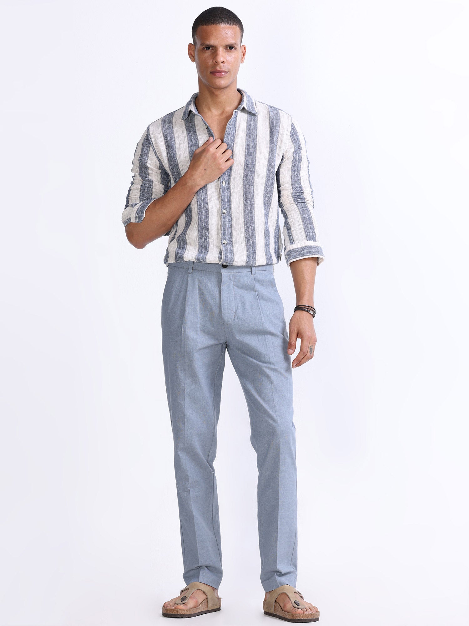 Raw Slub Ocean Blue Pleated Pant cotton linen pants mens