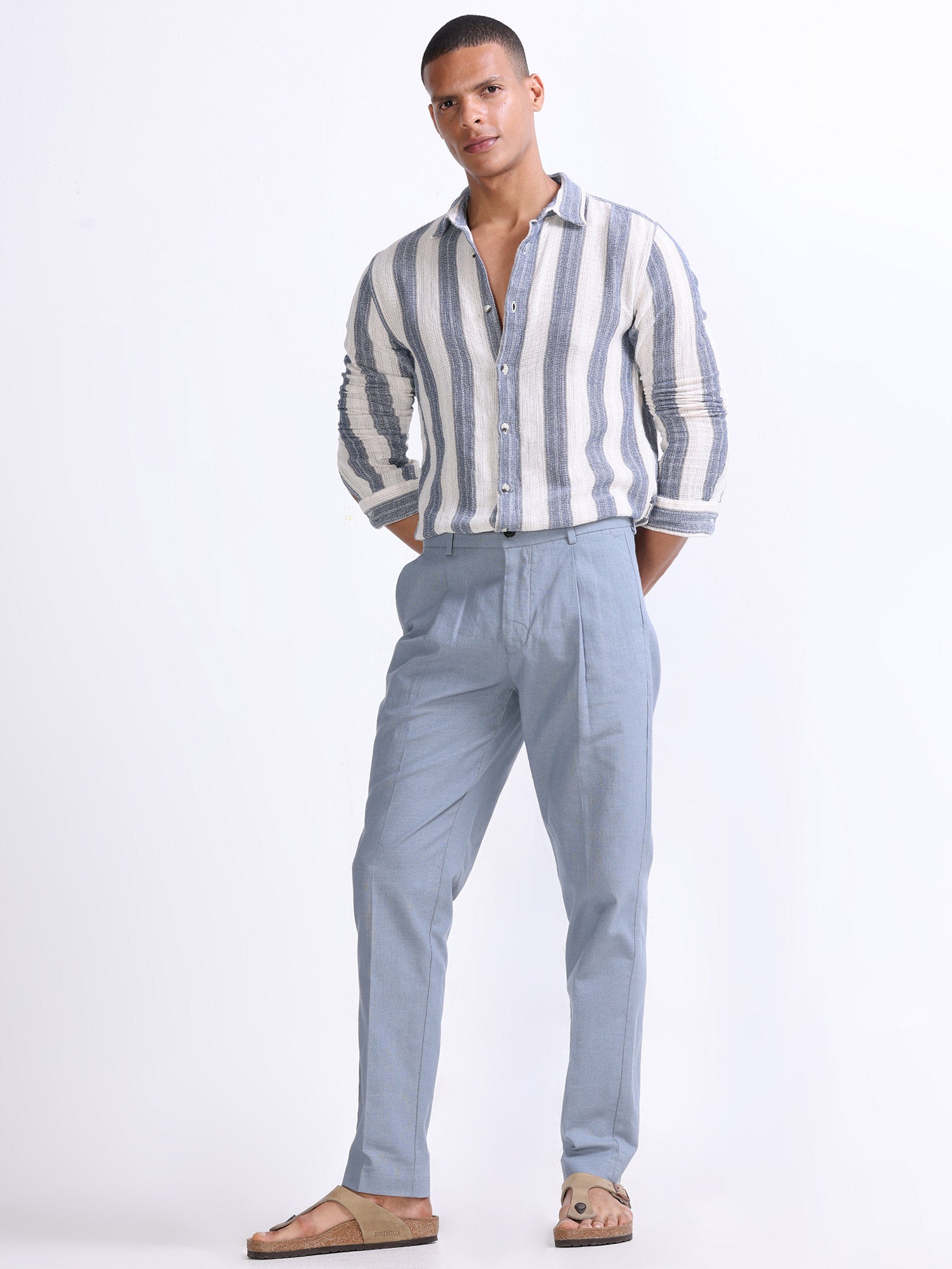 Raw Slub Ocean Blue Pleated Pant cotton linen pants mens