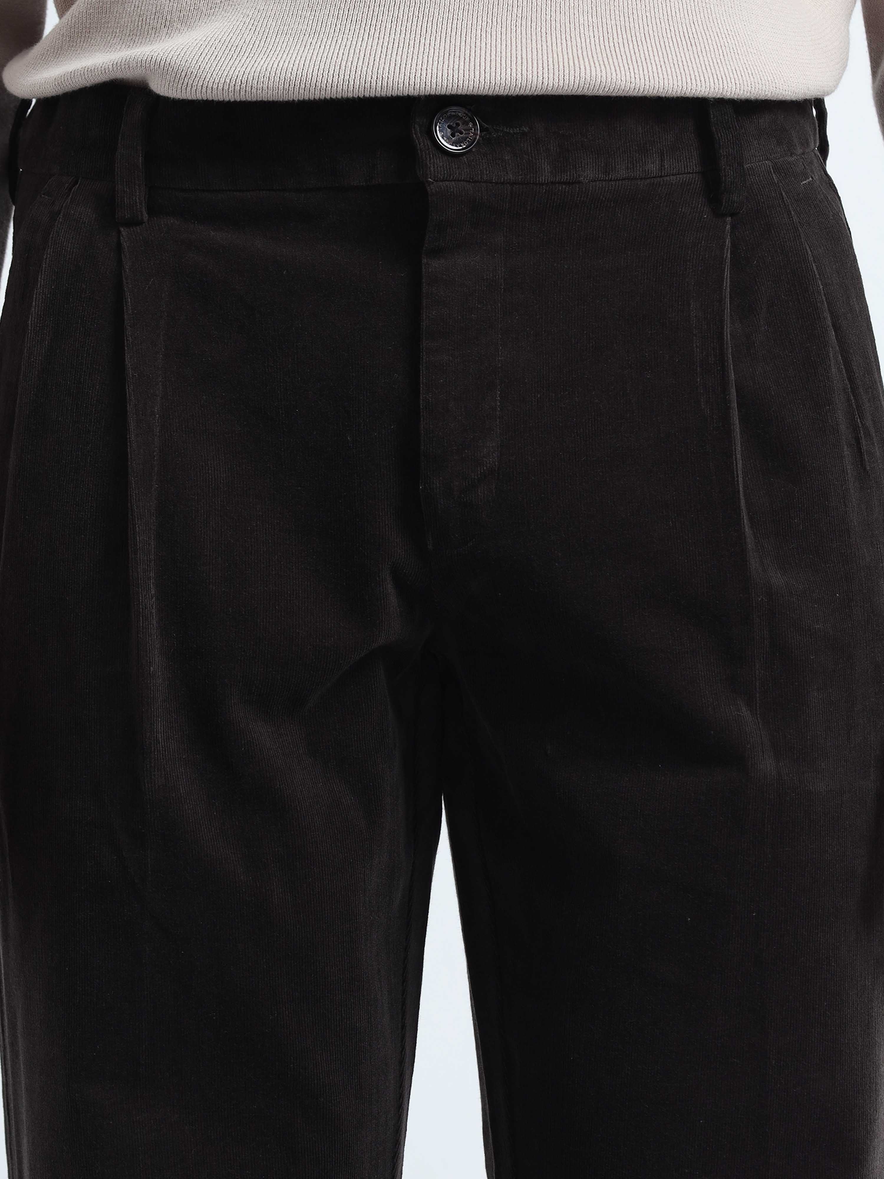 Dark Olive Relaxed Fit Pleated Mens Corduroy Pants