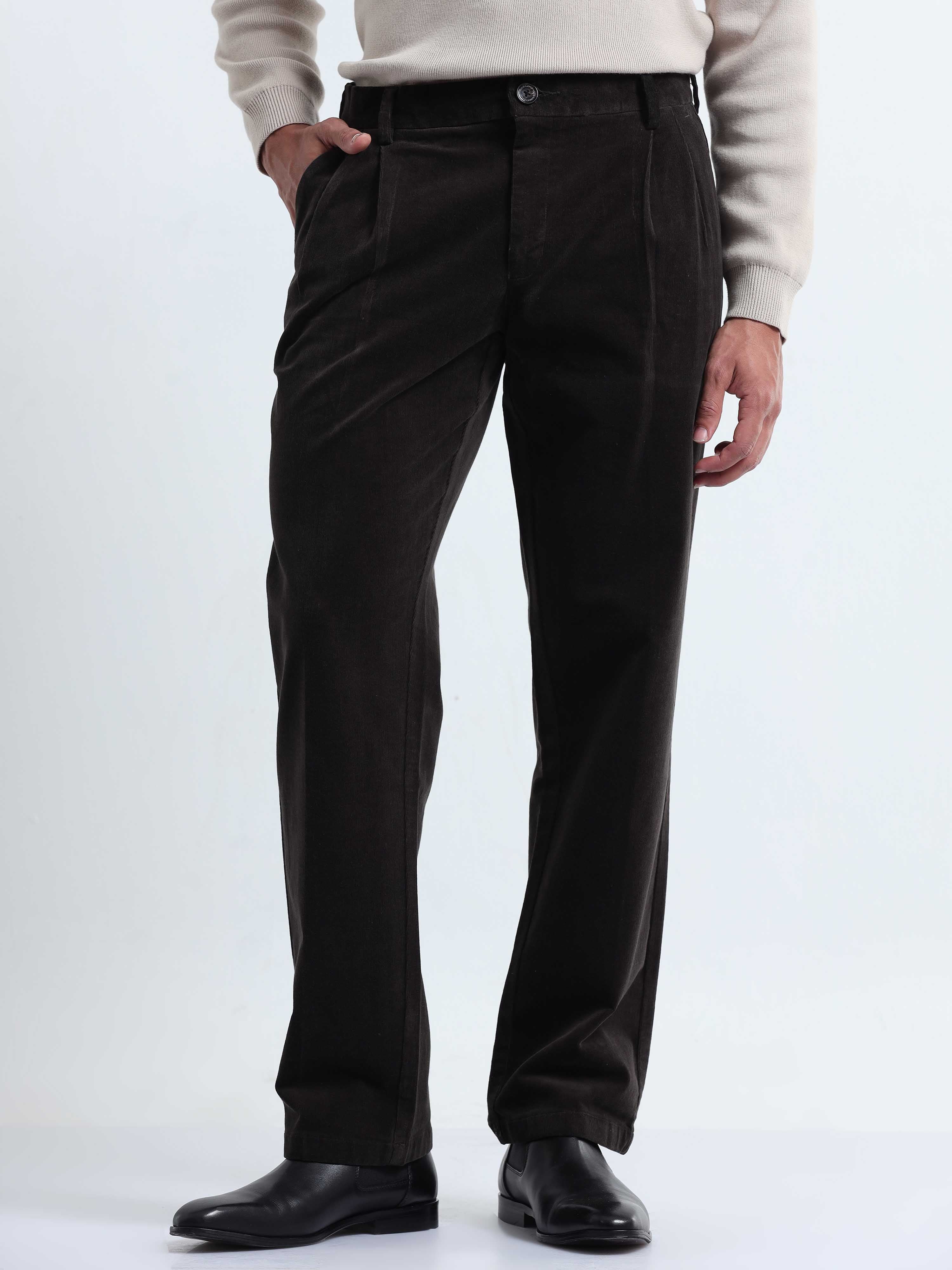 Dark Olive Relaxed Fit Pleated Mens Corduroy Pants