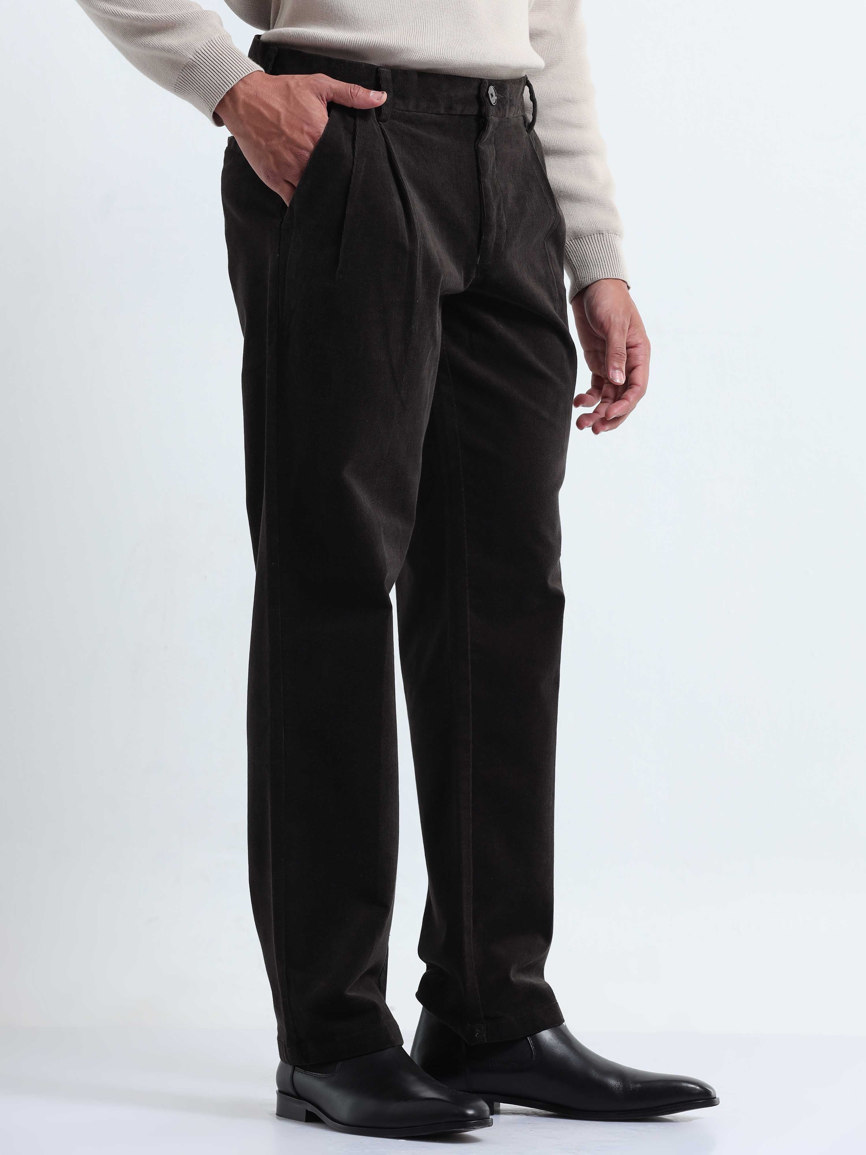 Dark Olive Relaxed Fit Pleated Mens Corduroy Pants