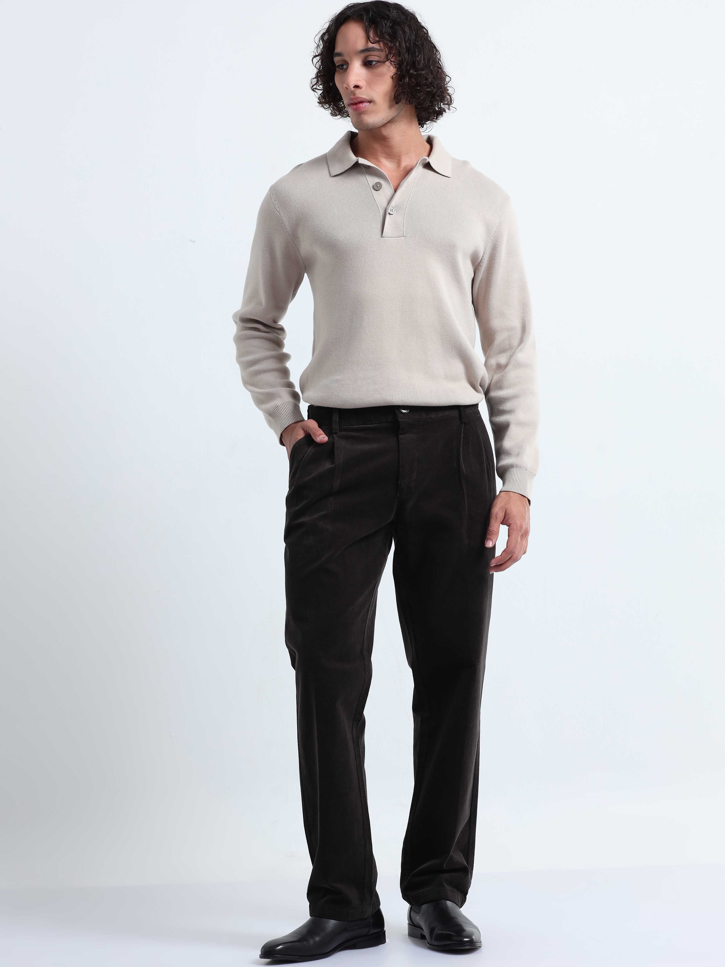Dark Olive Relaxed Fit Pleated Mens Corduroy Pants