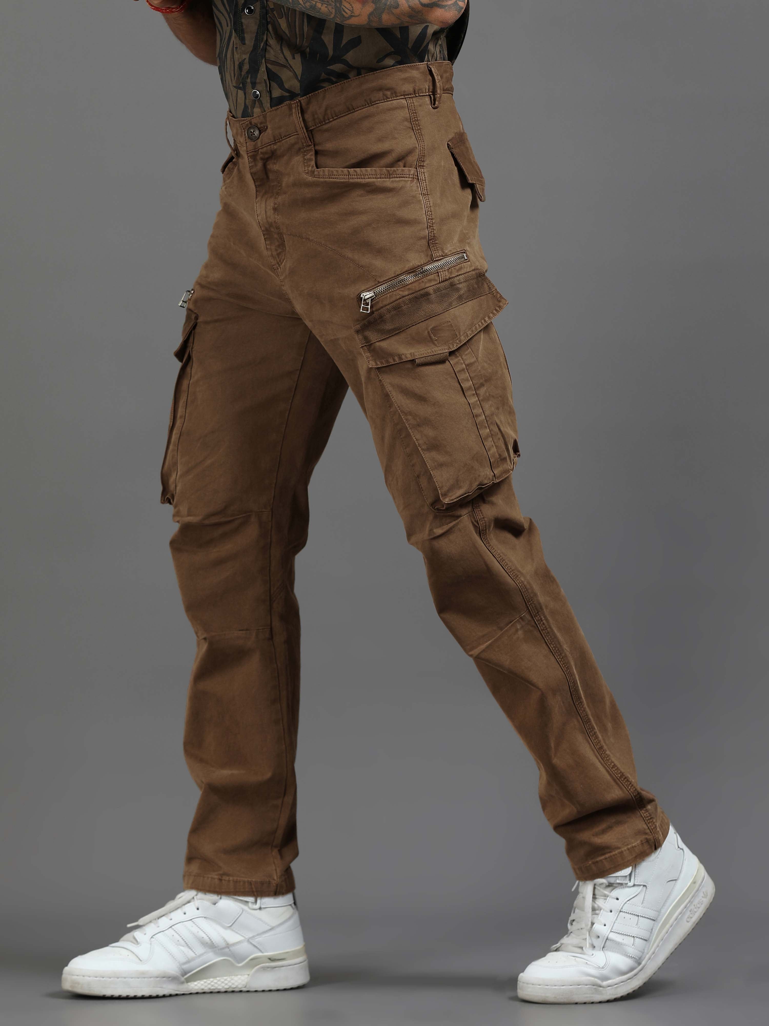 Rugged Zip Cargo Pants In Brown
