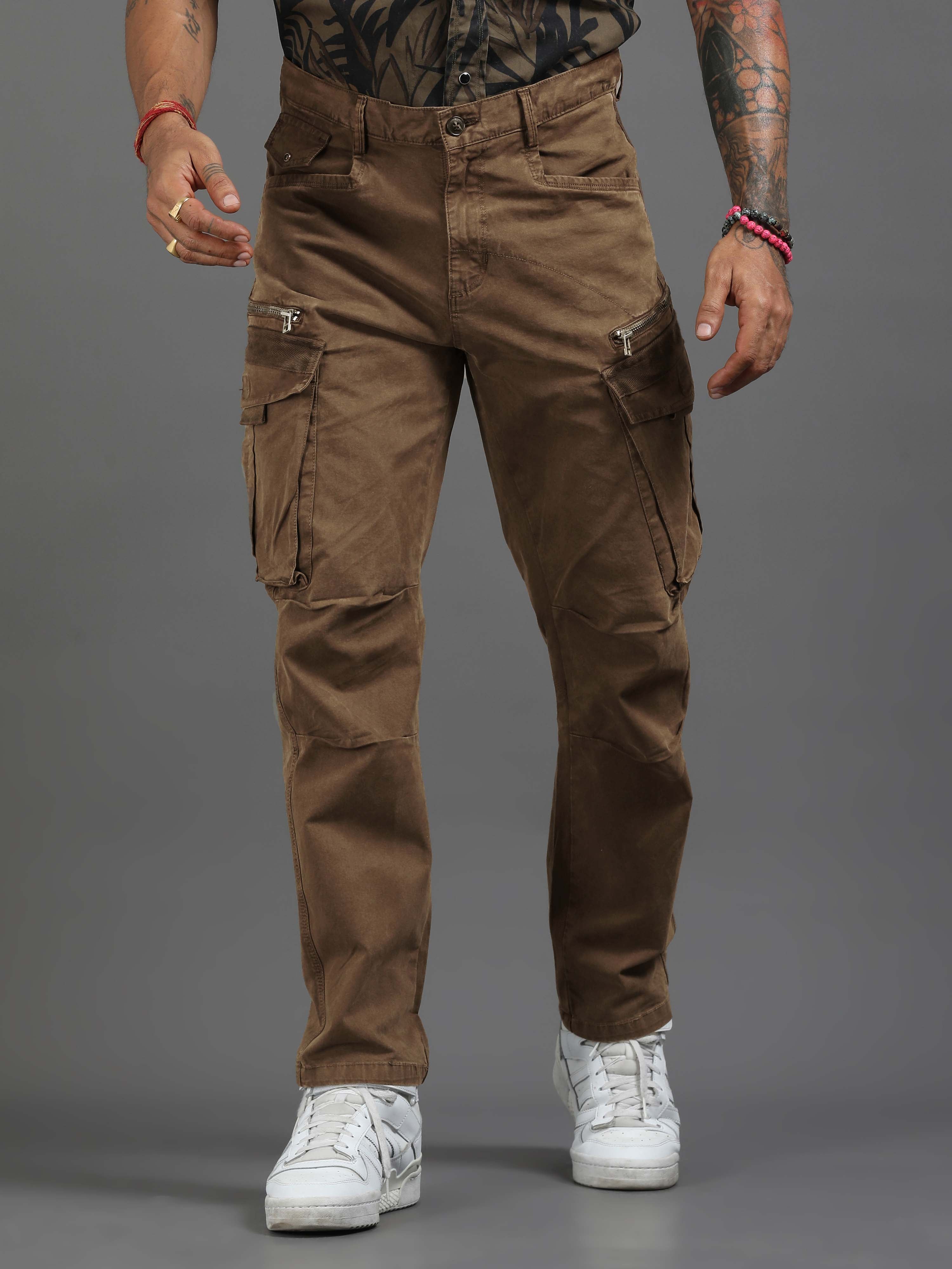 Rugged Zip Cargo Pants In Brown