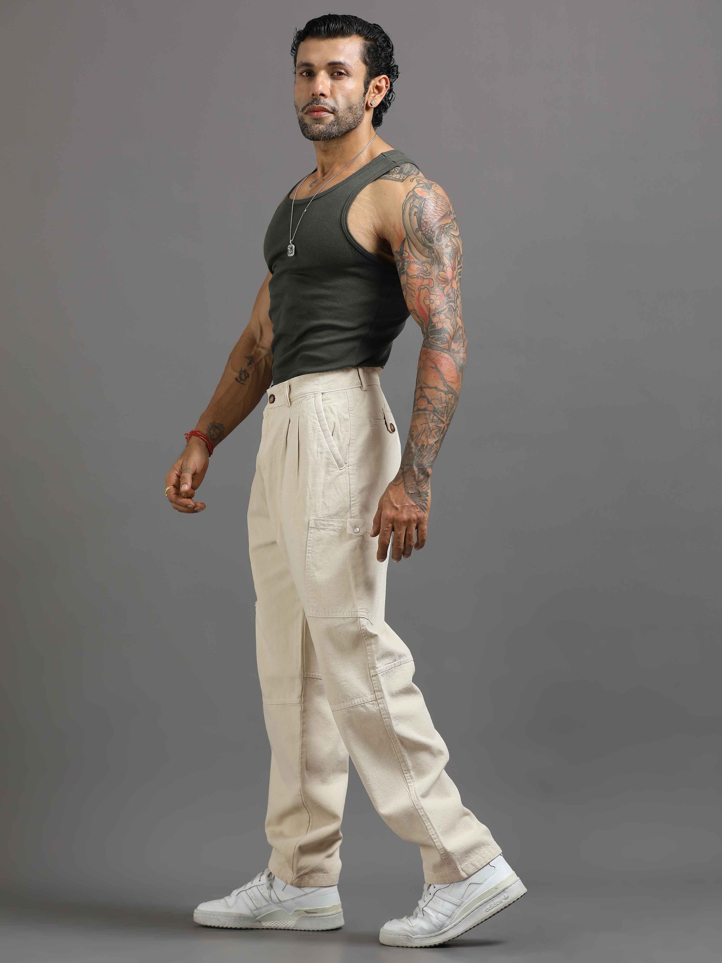 Ecru Pleated Cargo Pant In Cream