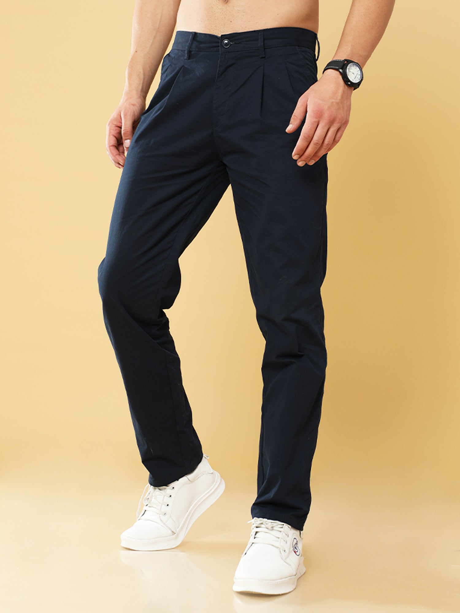 Pleated Navy Cotton Chino