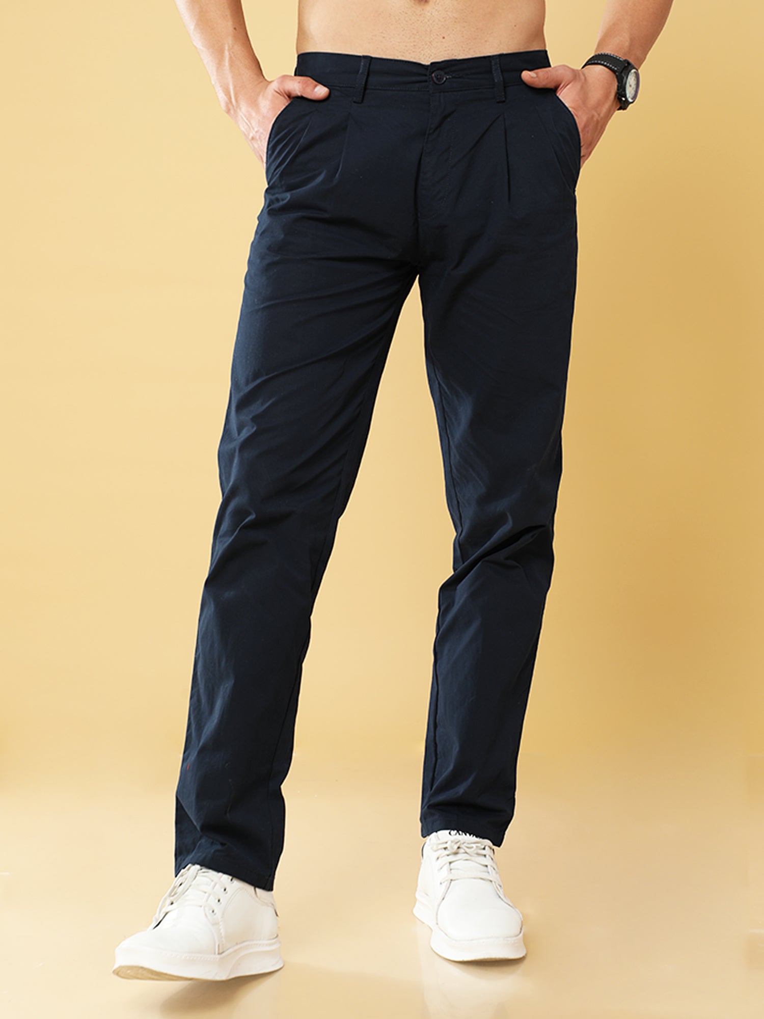 Pleated Navy Cotton Chino