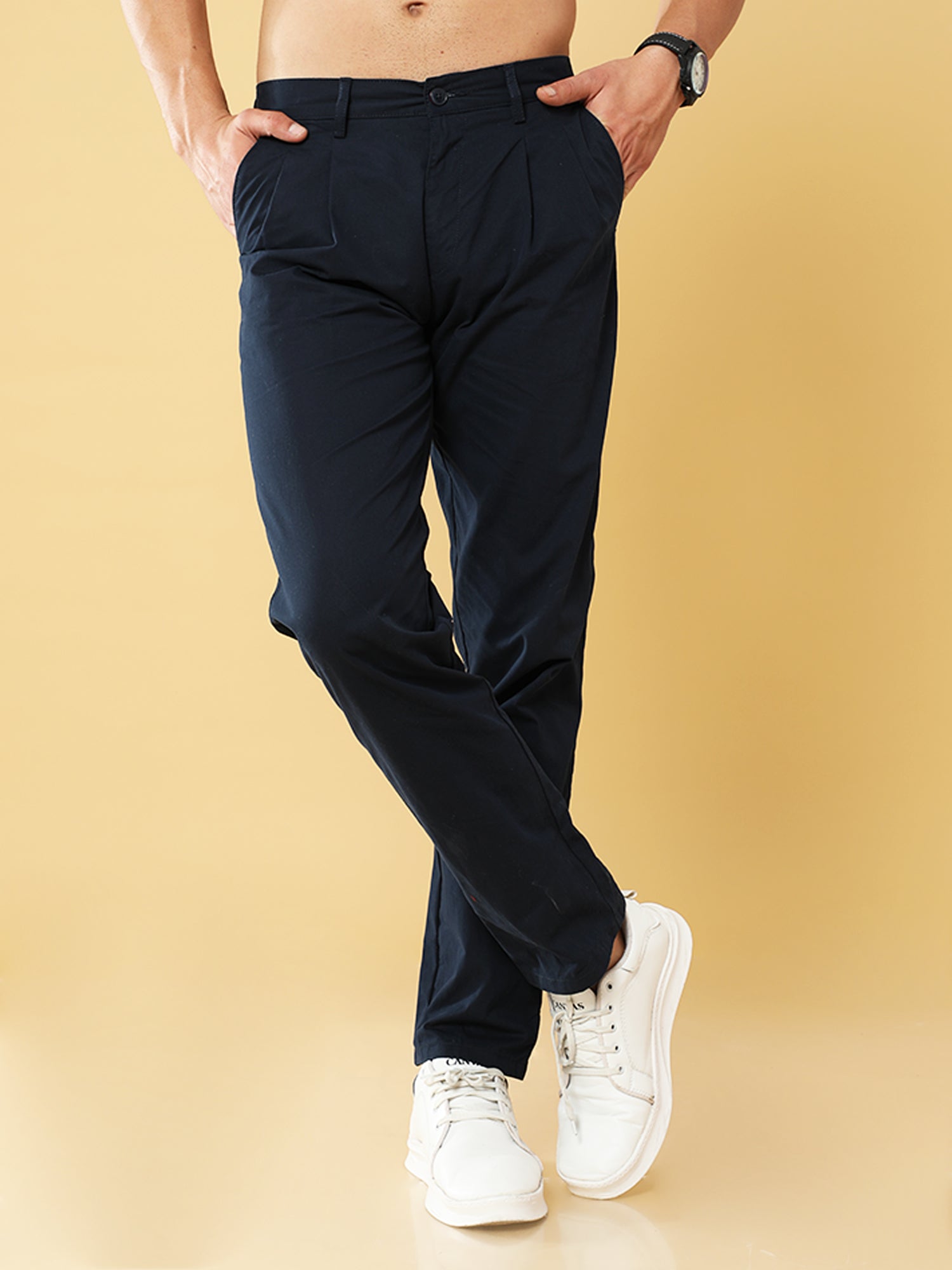 Pleated Navy Cotton Chino
