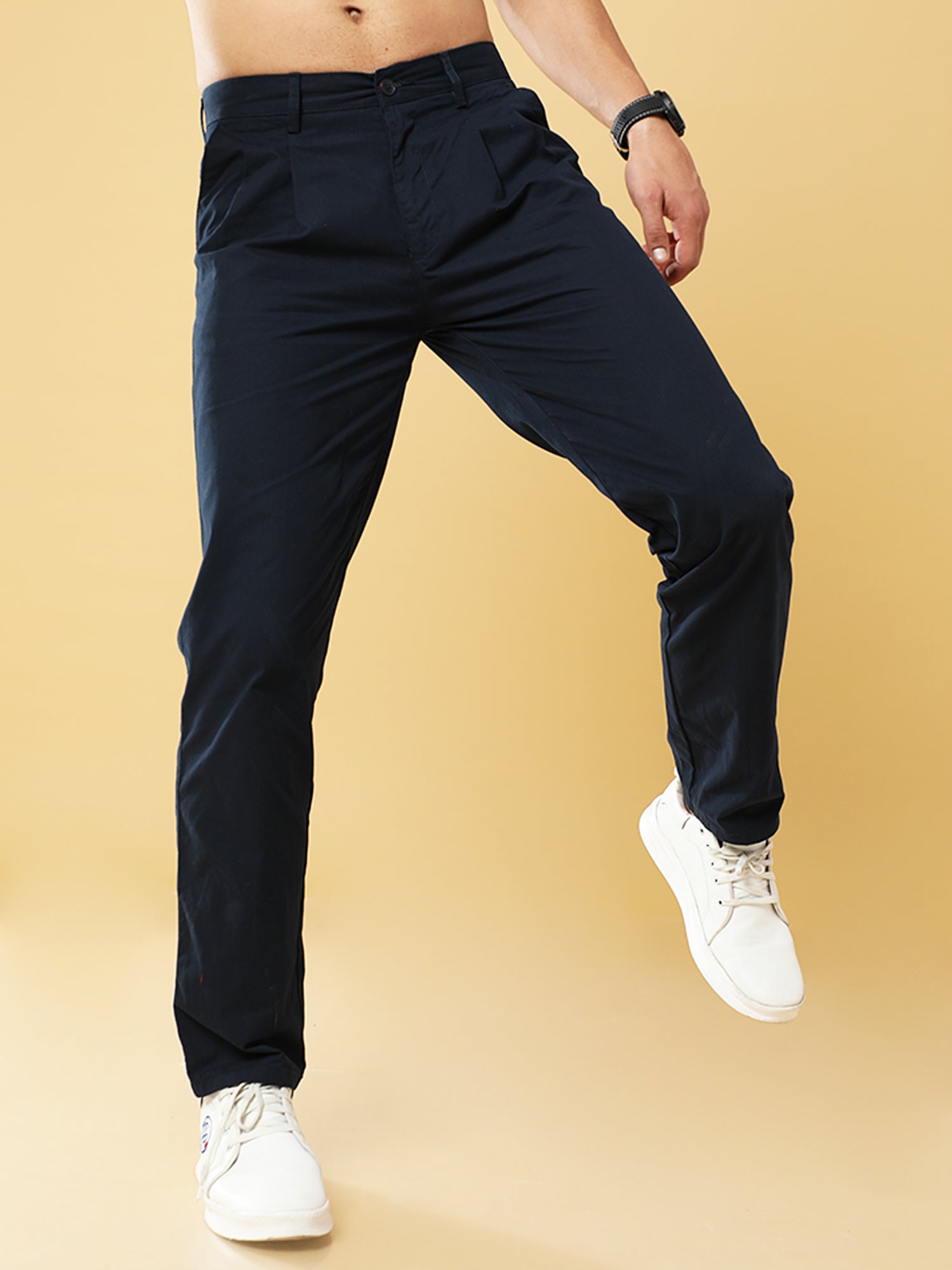 Pleated Navy Cotton Chino