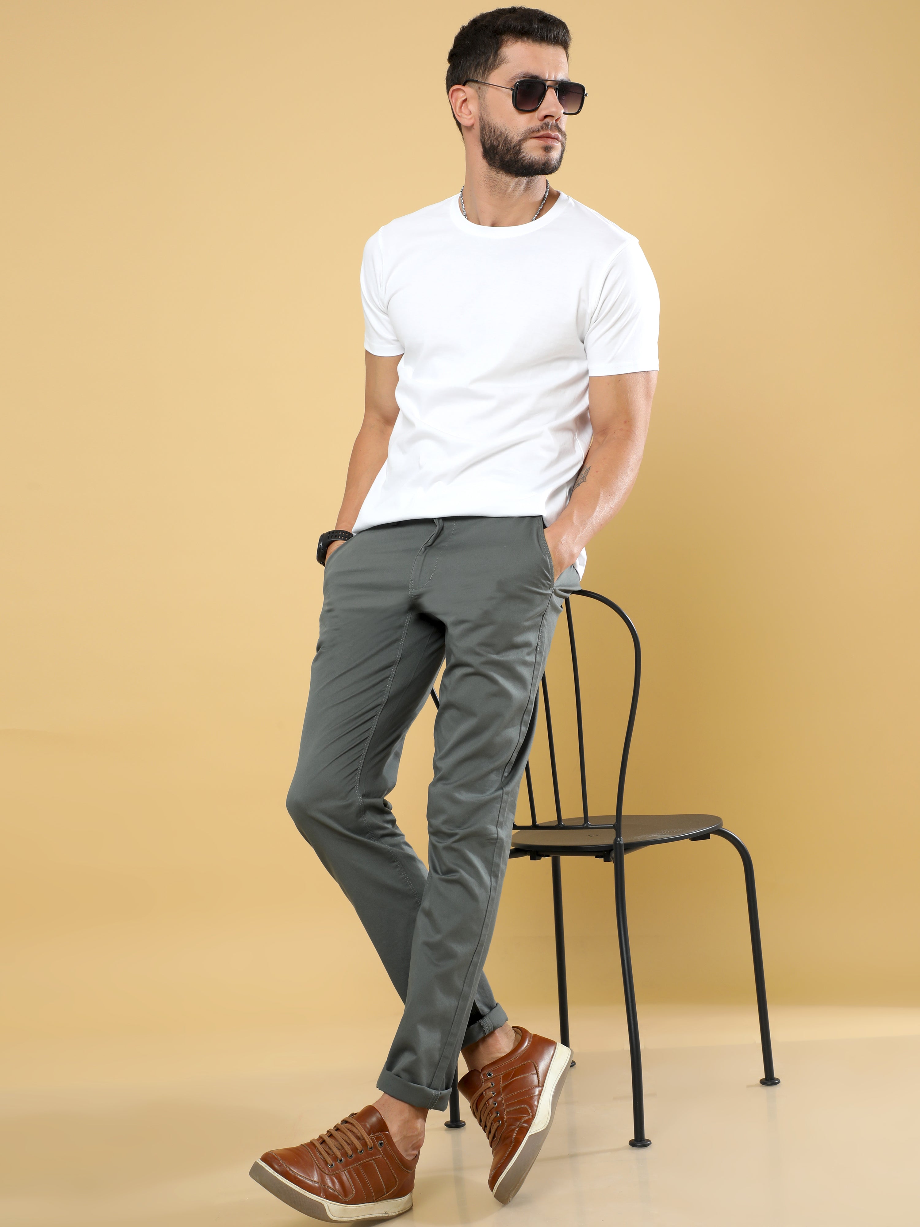 Cotton Dobby Grey Lycra Chino