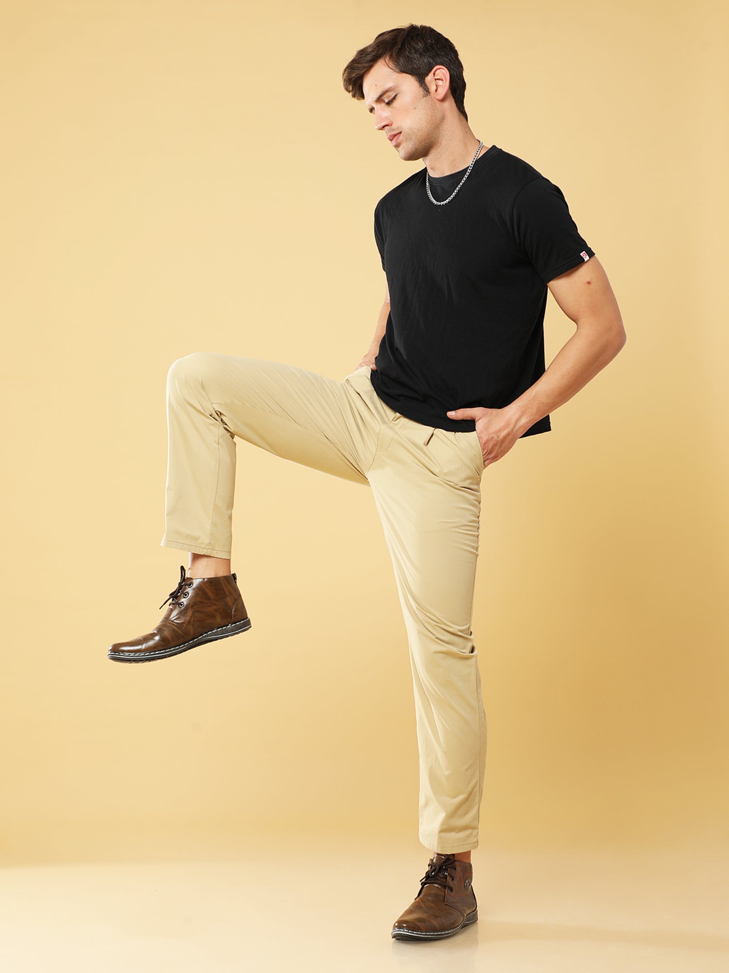 Pleated Cream Cotton Chino