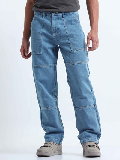 Contrast relaxed mid blue denim