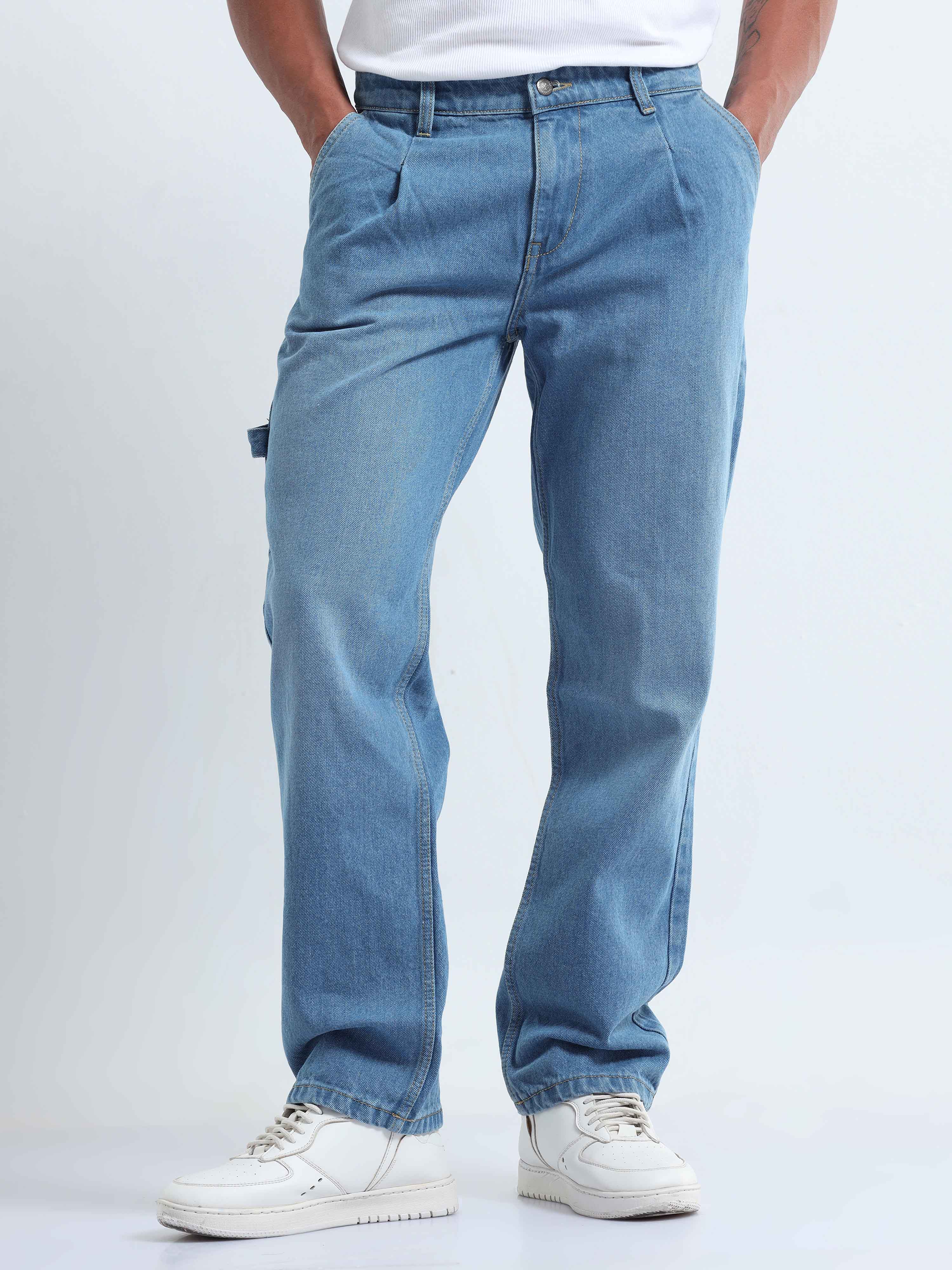  Mid Blue Relaxed  Pleated Denim for Men 