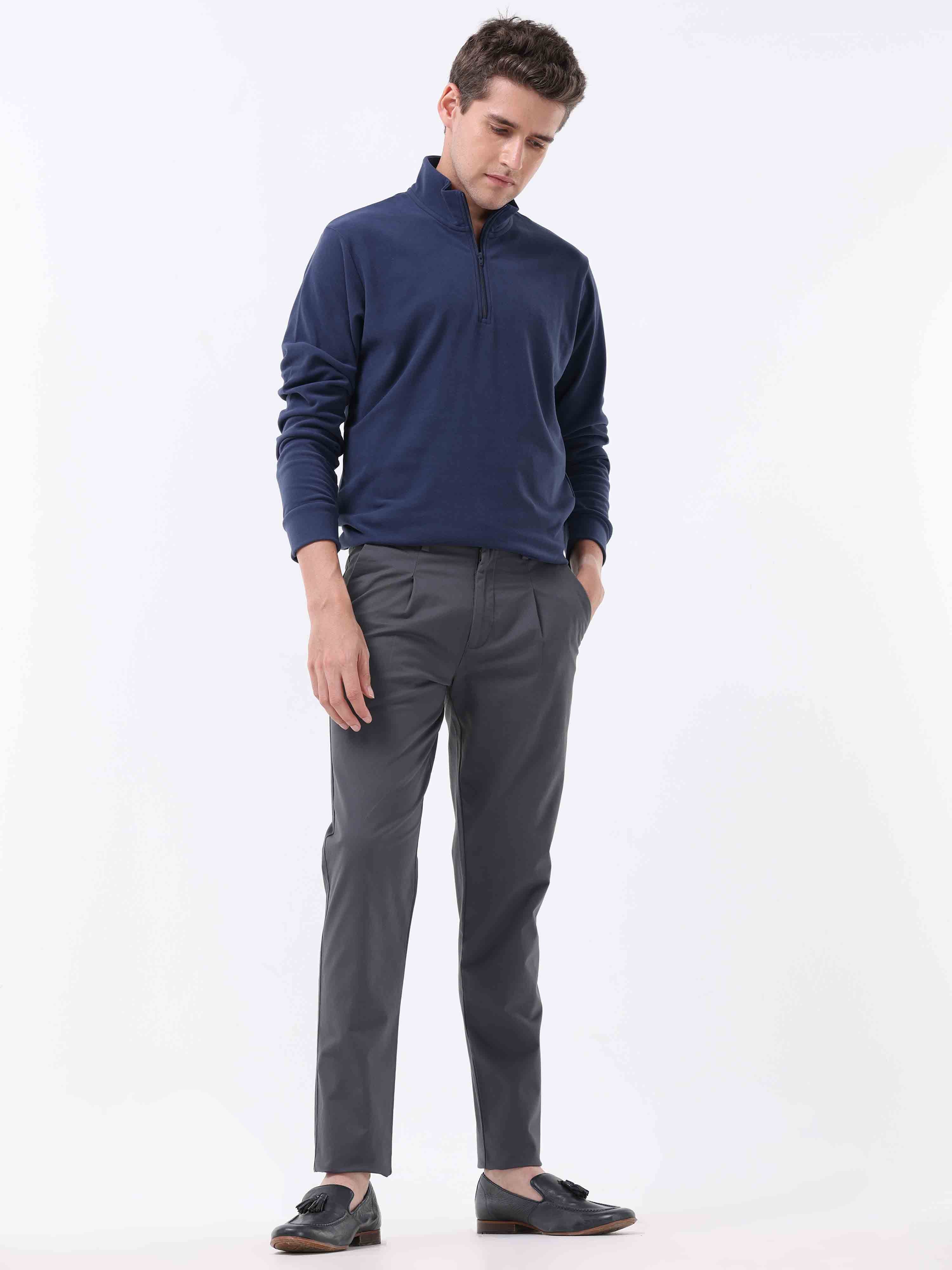 Essential Pleated Dark Grey Fine Twill Pant