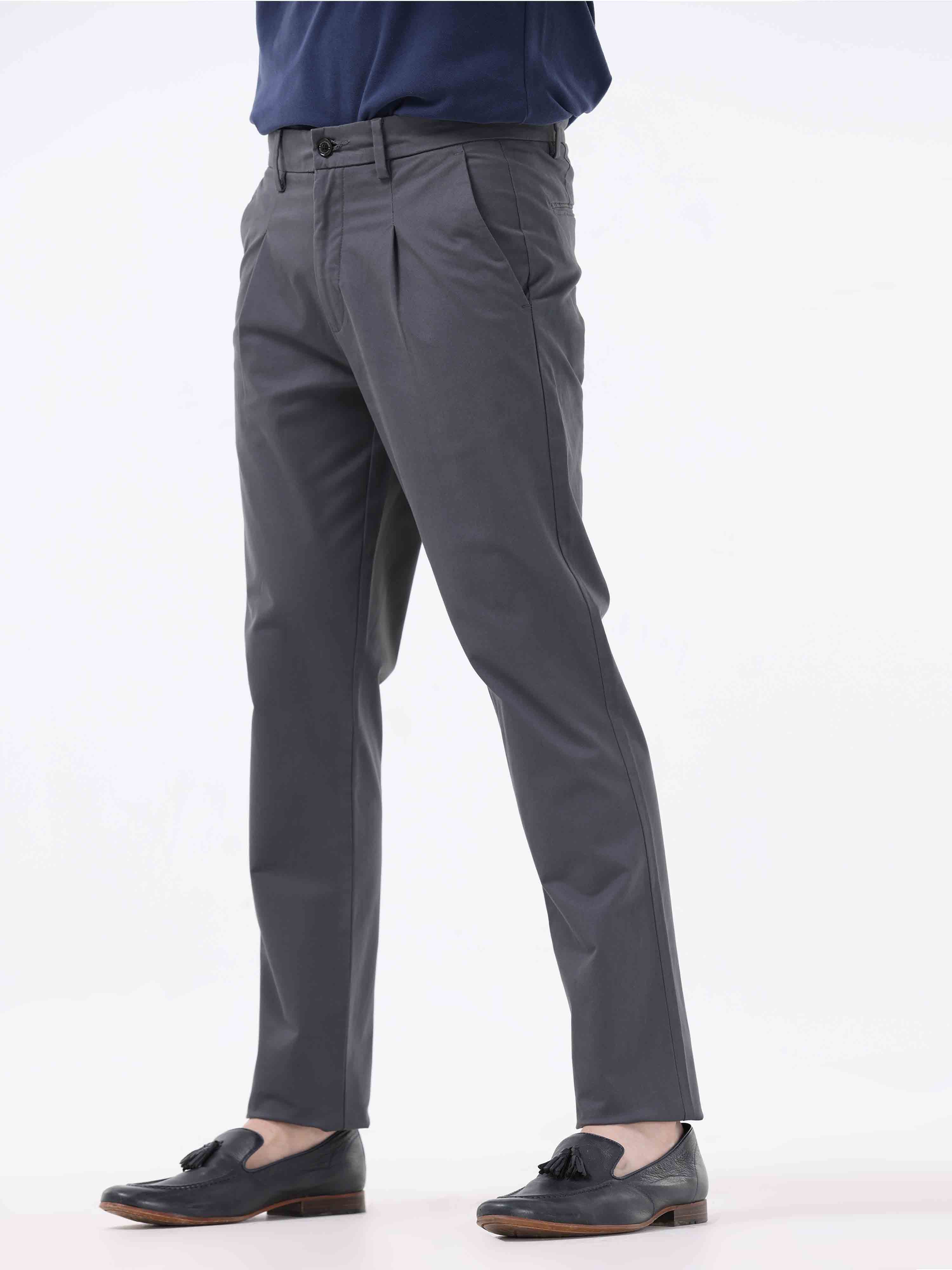 Shop Pleated Dark Grey Twill Casual Pants for Men Online