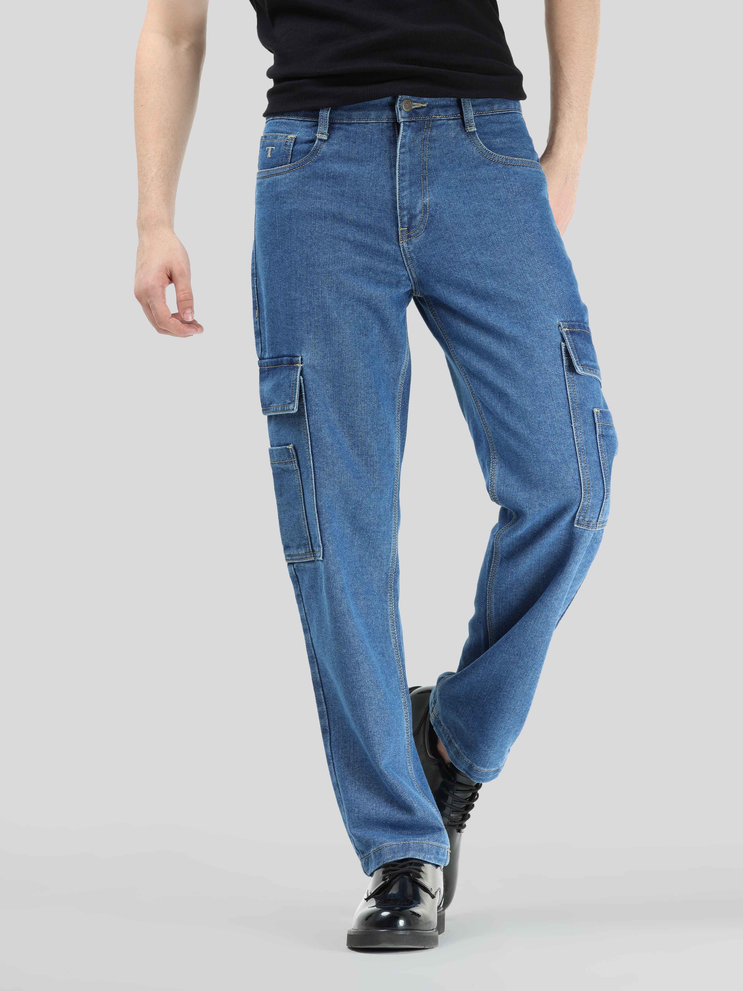 Middle blue denim Cargo jeans with large pockets - Buy Online | Terranova