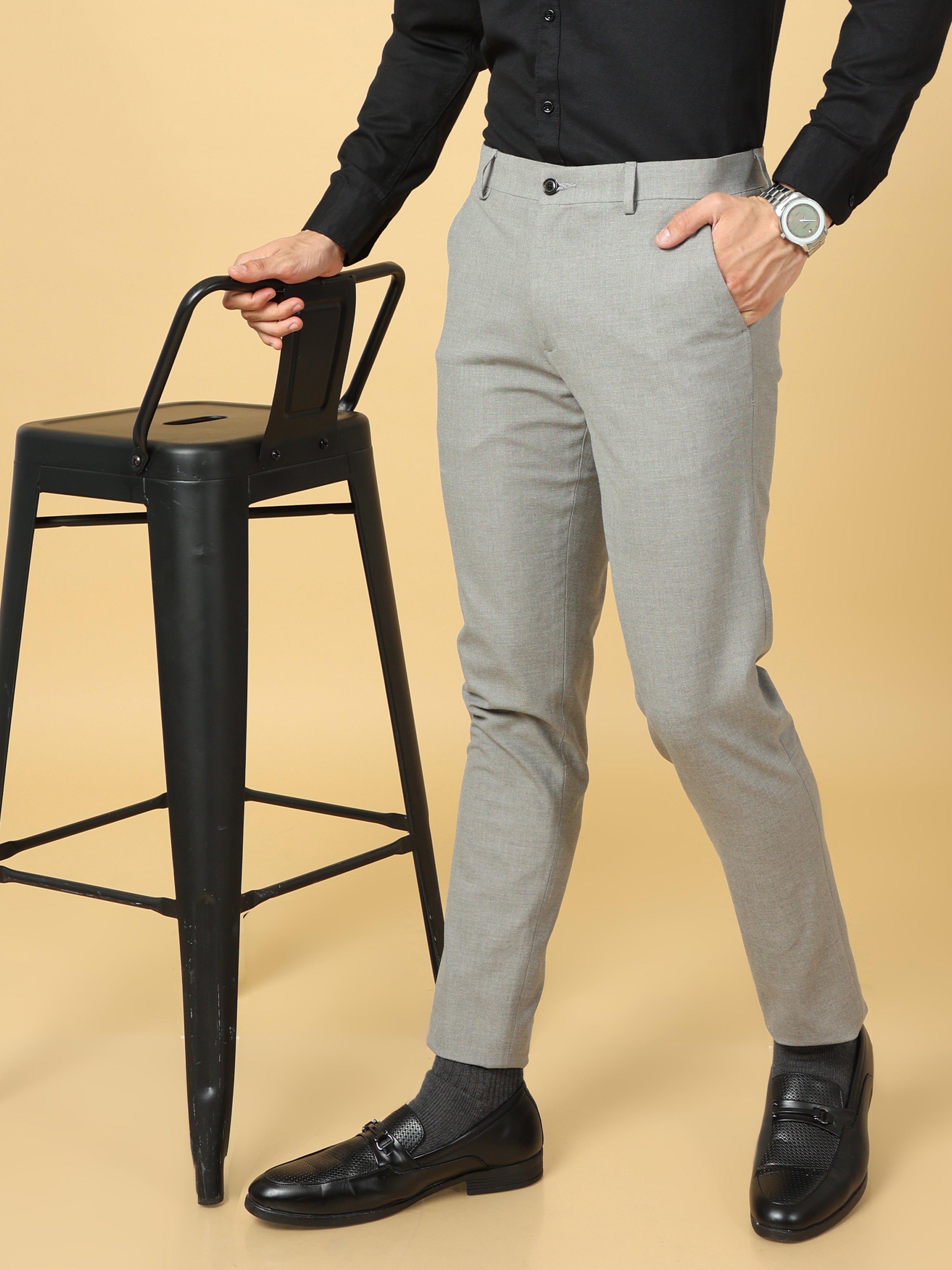 Buy Men Grey Solid Regular Fit Trousers Online - 201074 | Peter England