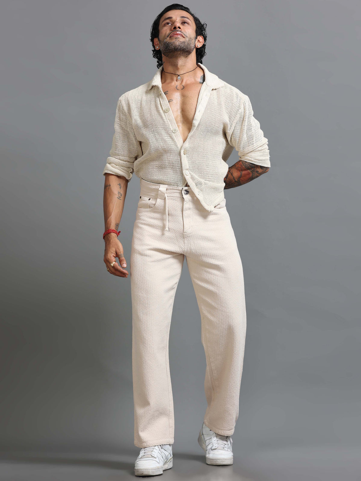 Cream Relaxed Fit Trousers for Men detail view - Weavon Relaxed Trouser by Italian Colony