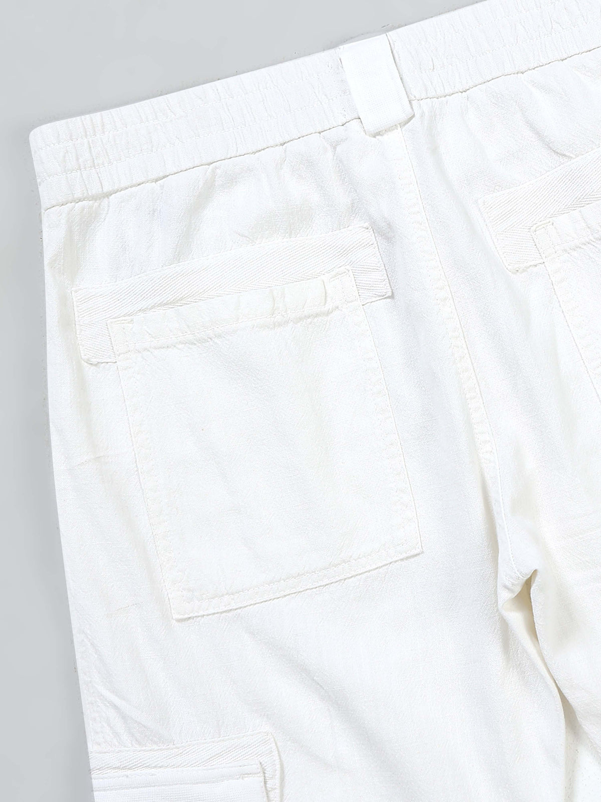 White Linen Cargo Pants for Men closeup detail view - Nomade Utility Linen Cargo by Italian Colony