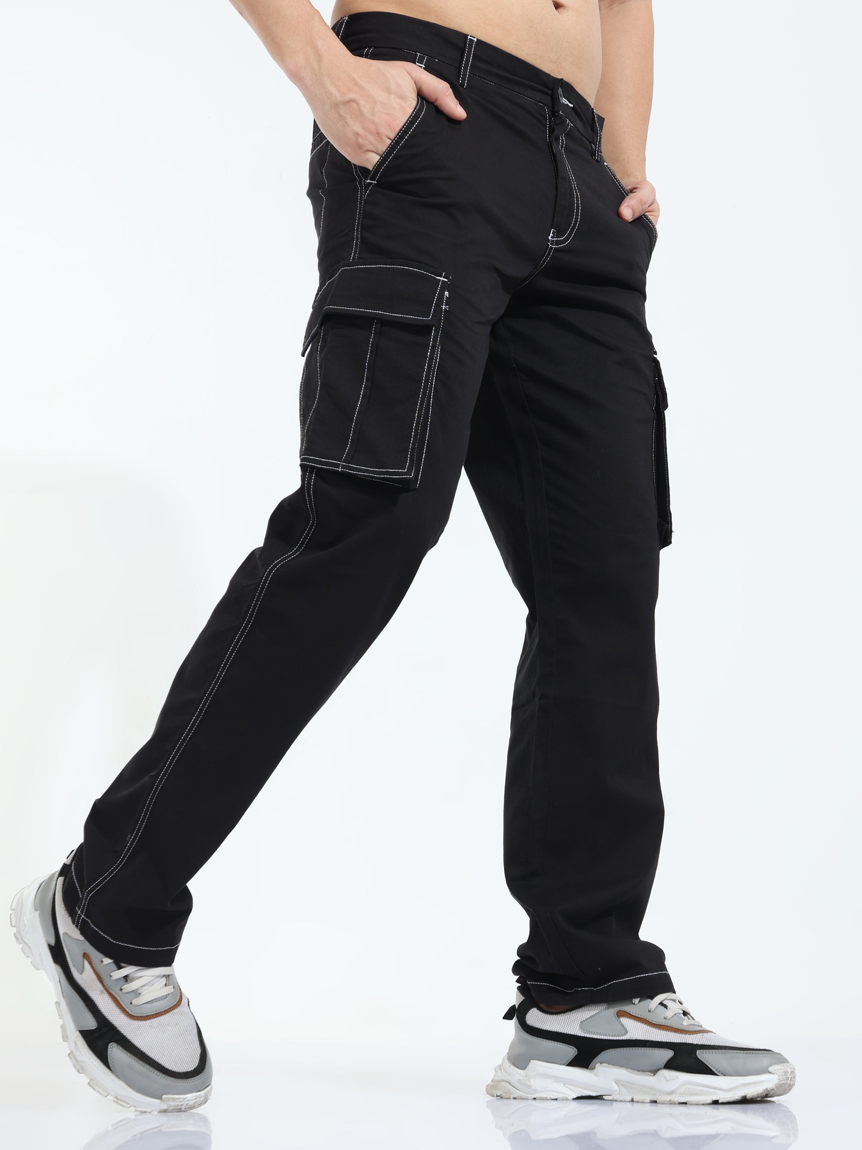 Contrast Stitch Black Baggy Fit Cargo