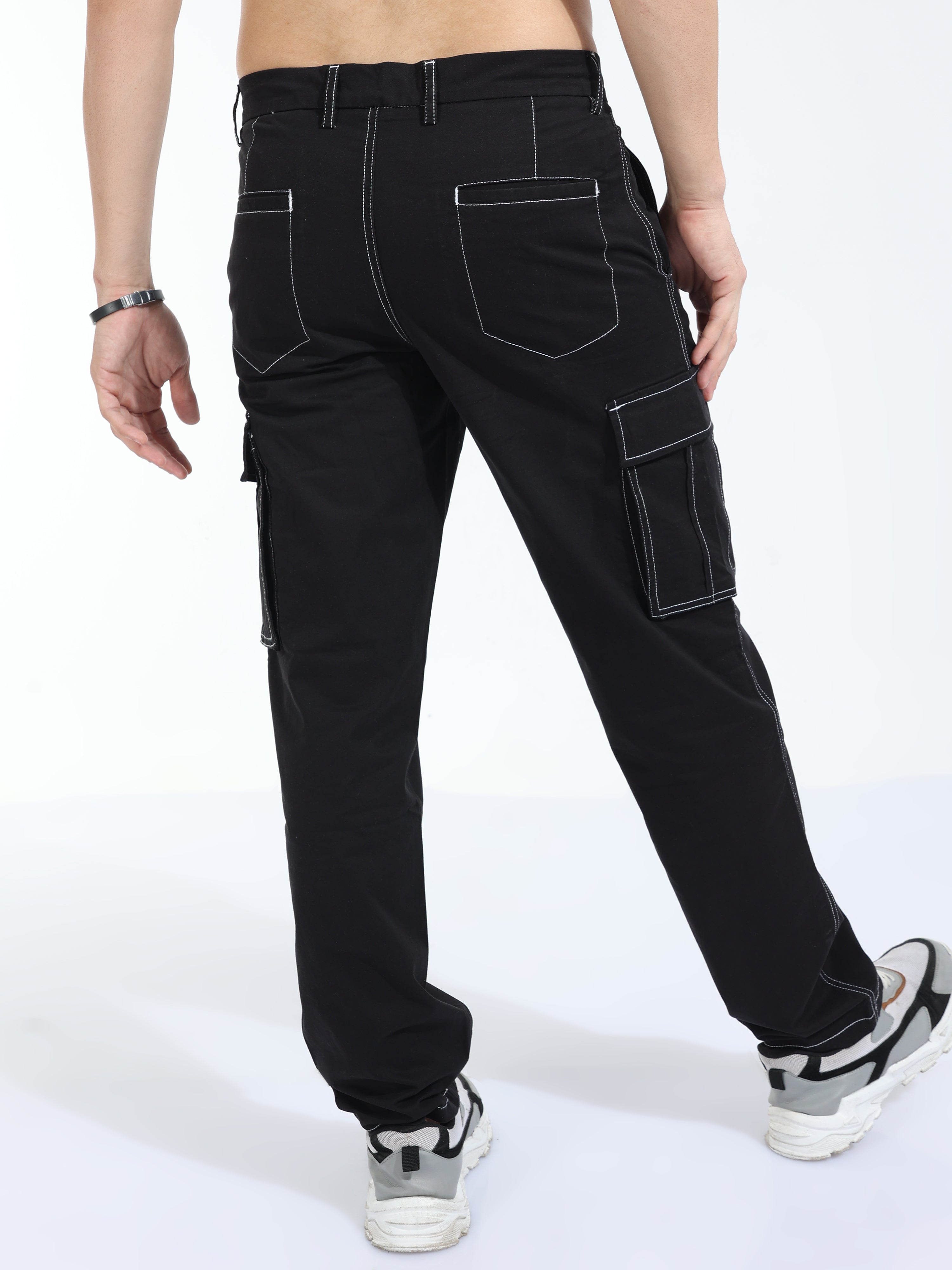 Contrast Stitch Black Baggy Fit Cargo