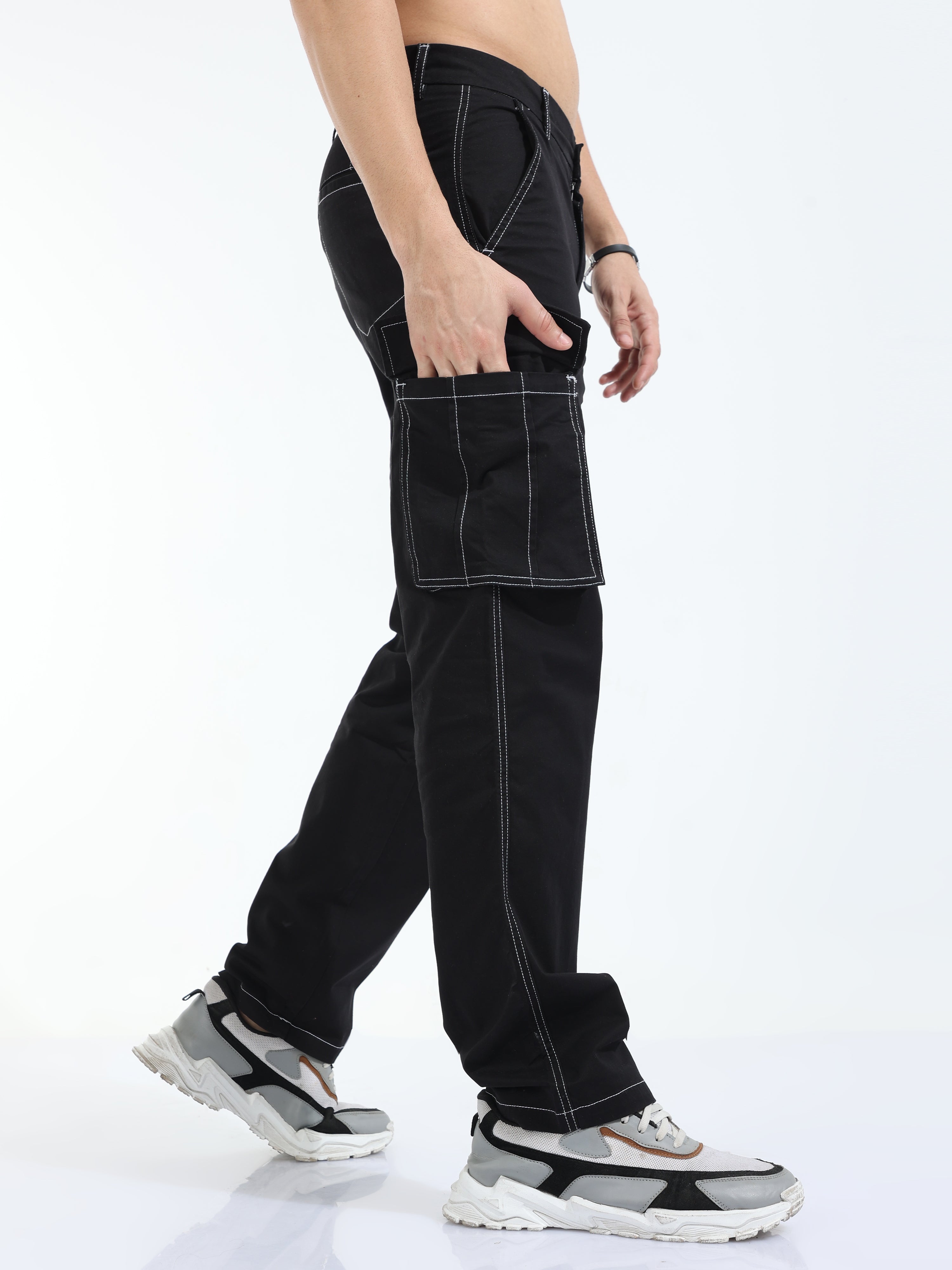 Contrast Stitch Black Baggy Fit Cargo
