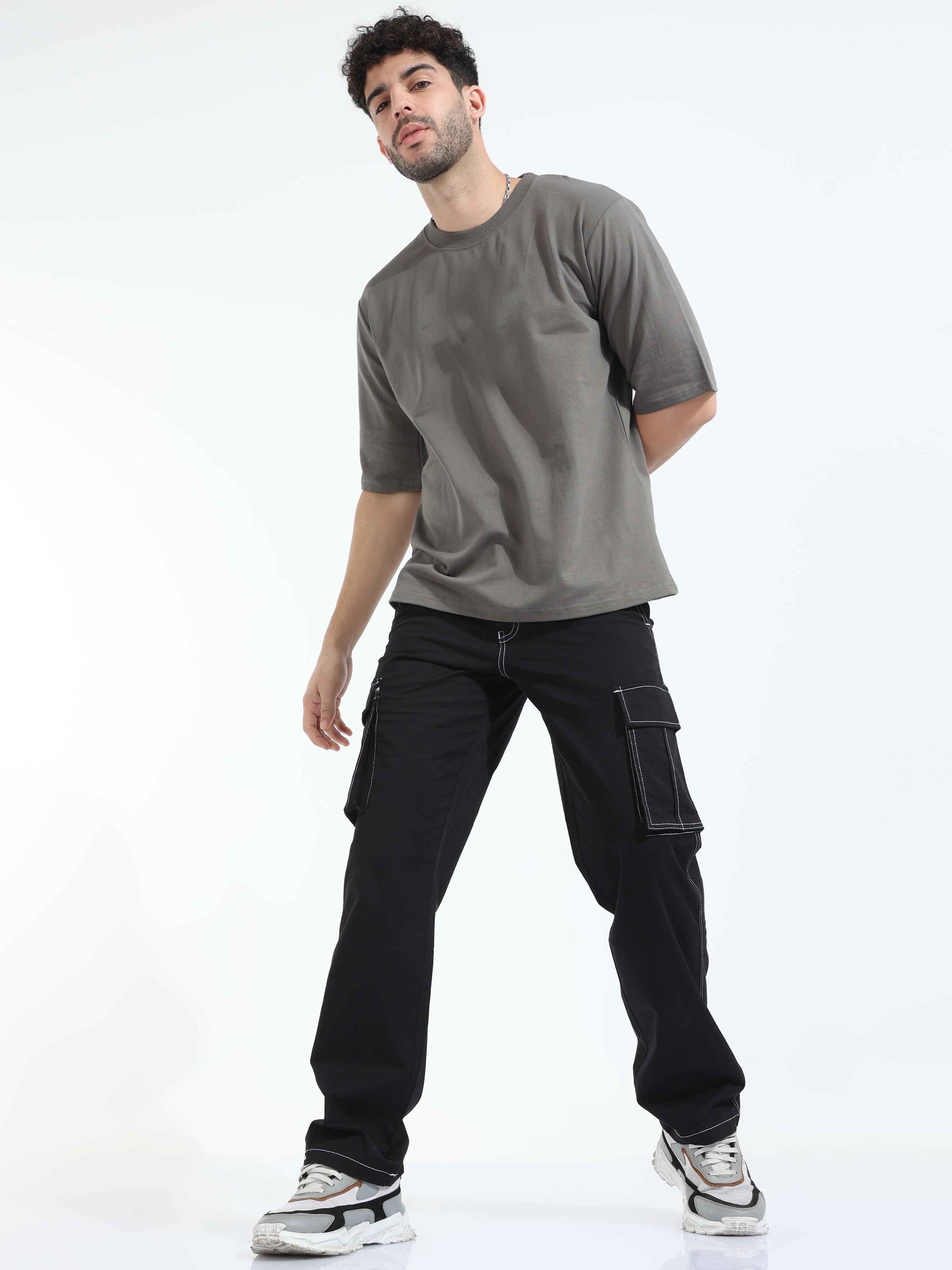 Contrast Stitch Black Baggy Fit Cargo