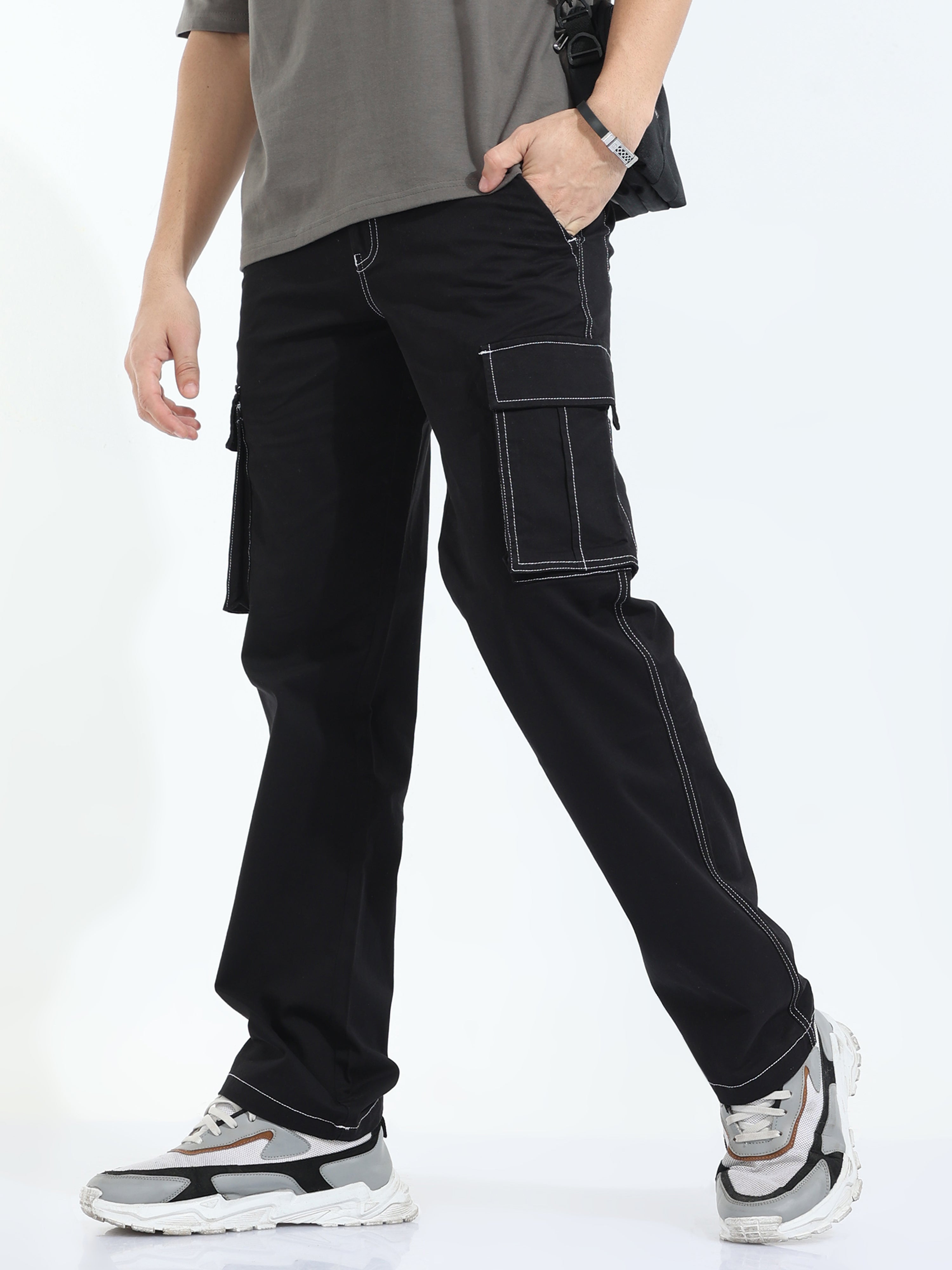 Contrast Stitch Black Baggy Fit Cargo