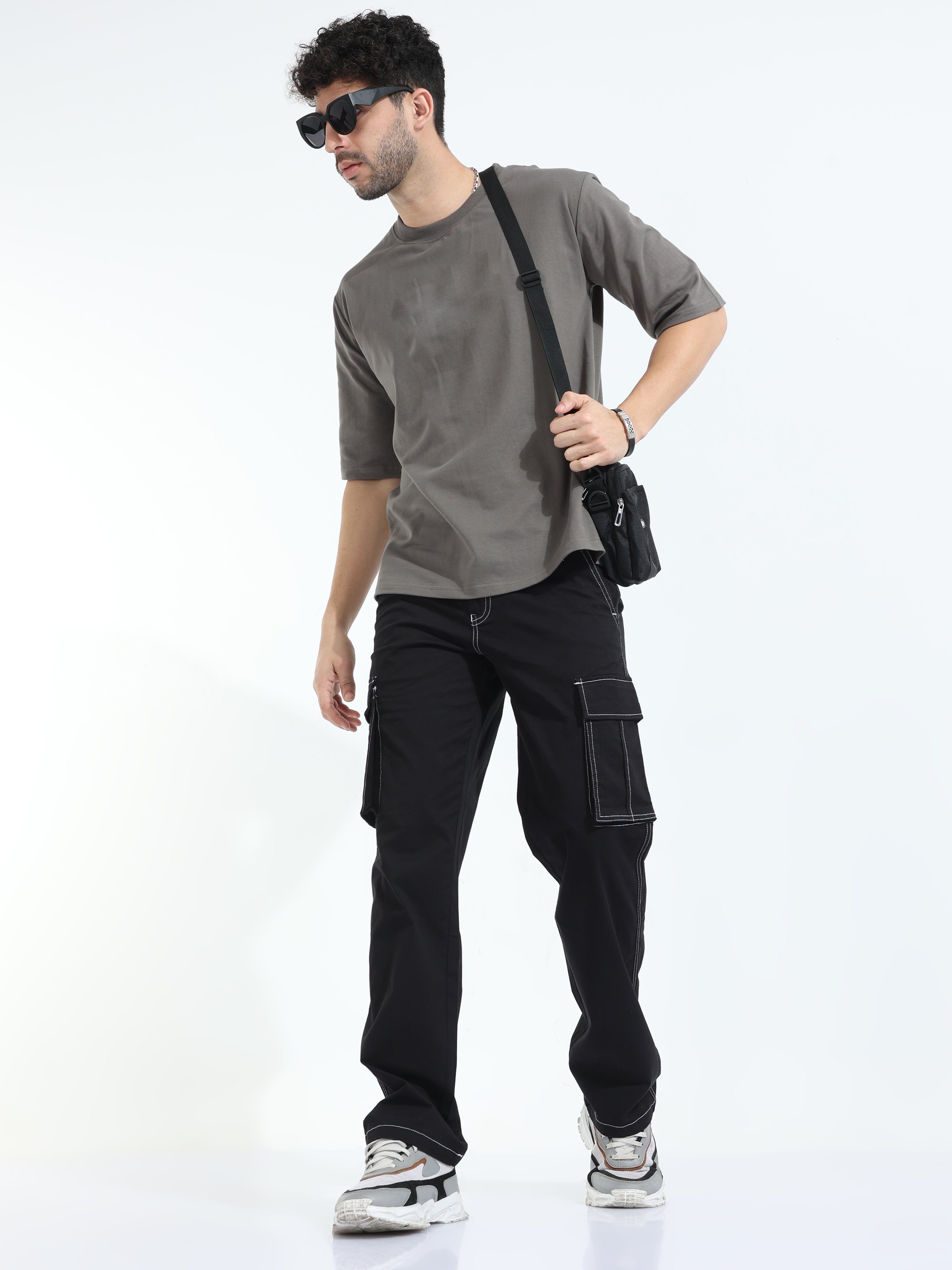 Contrast Stitch Black Baggy Fit Cargo