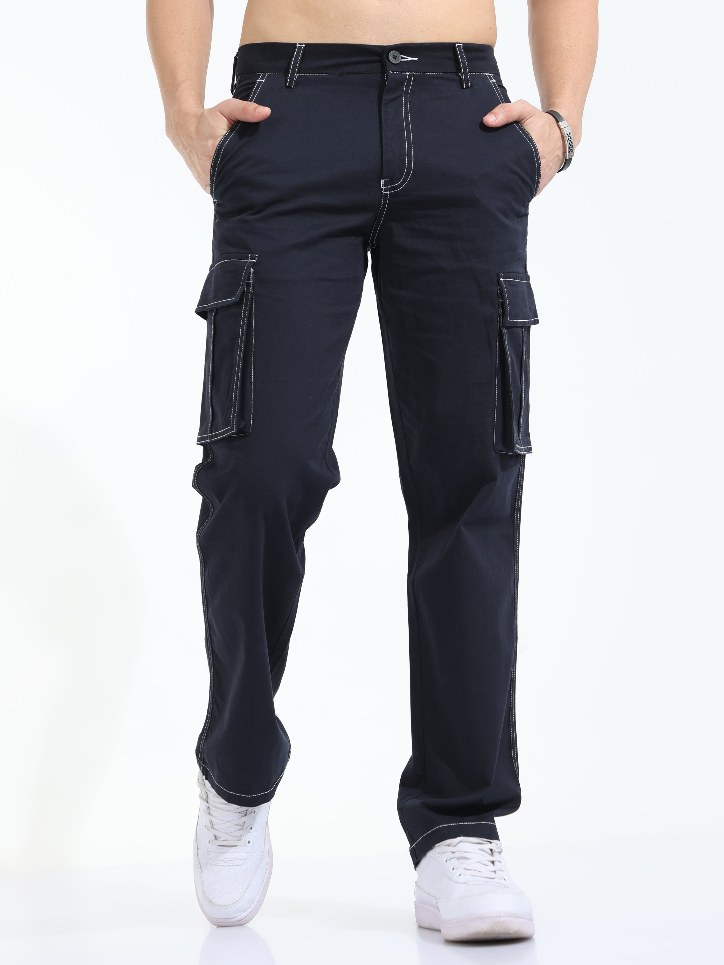 Contrast Stitch Navy Baggy Fit Cargo