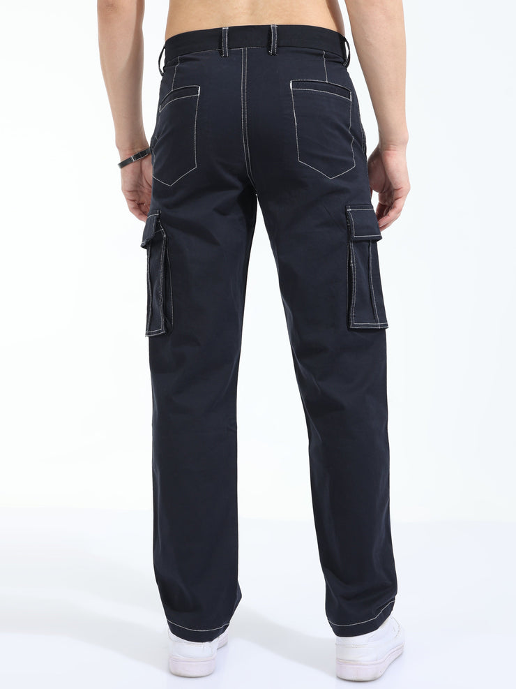 Contrast Stitch Navy Baggy Fit Cargo