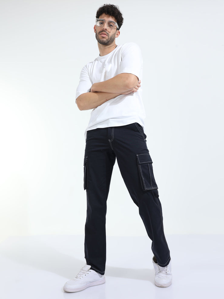 Contrast Stitch Navy Baggy Fit Cargo