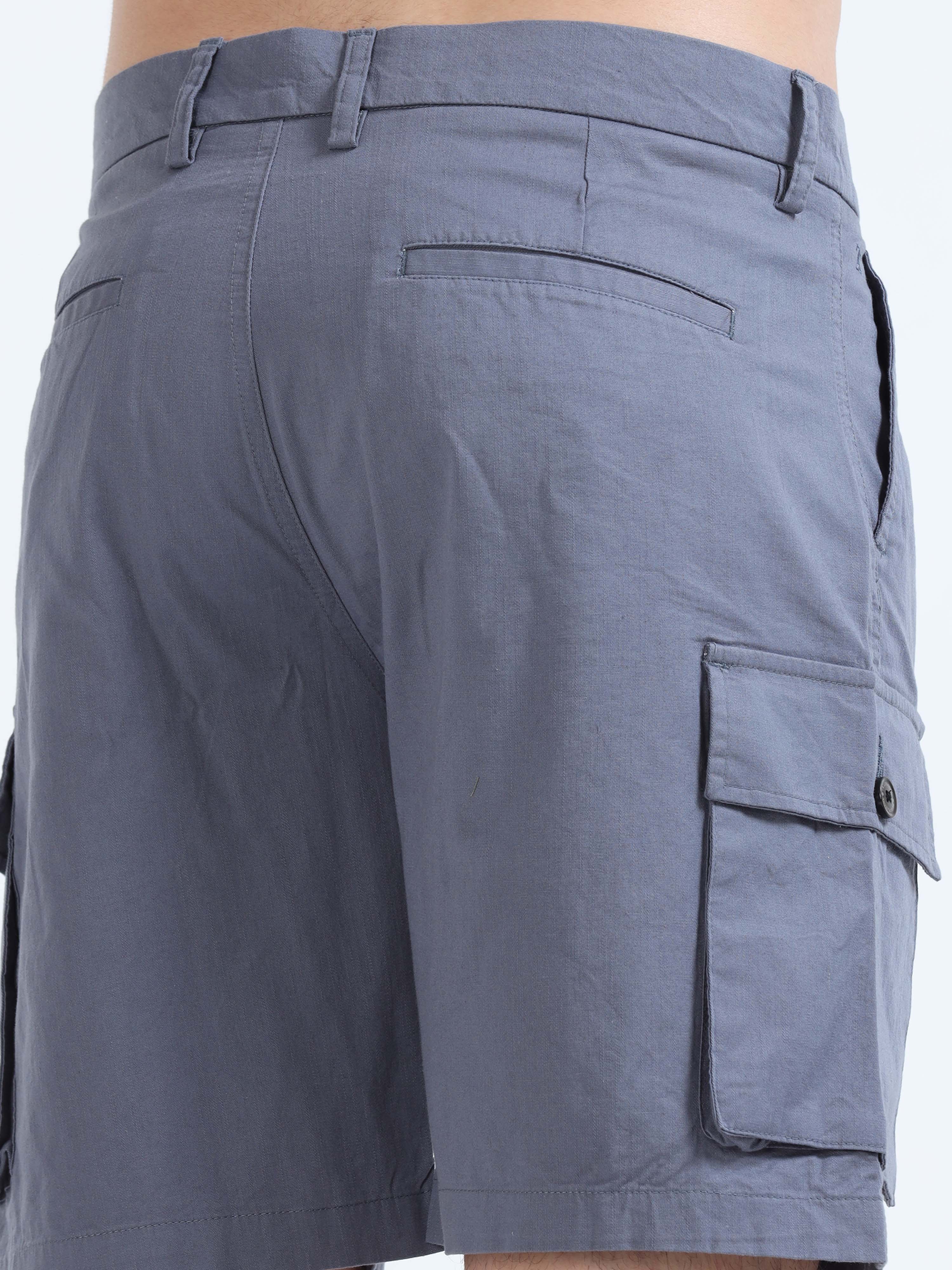 Soft Cotton Pleated Stone Blue Cargo Shorts