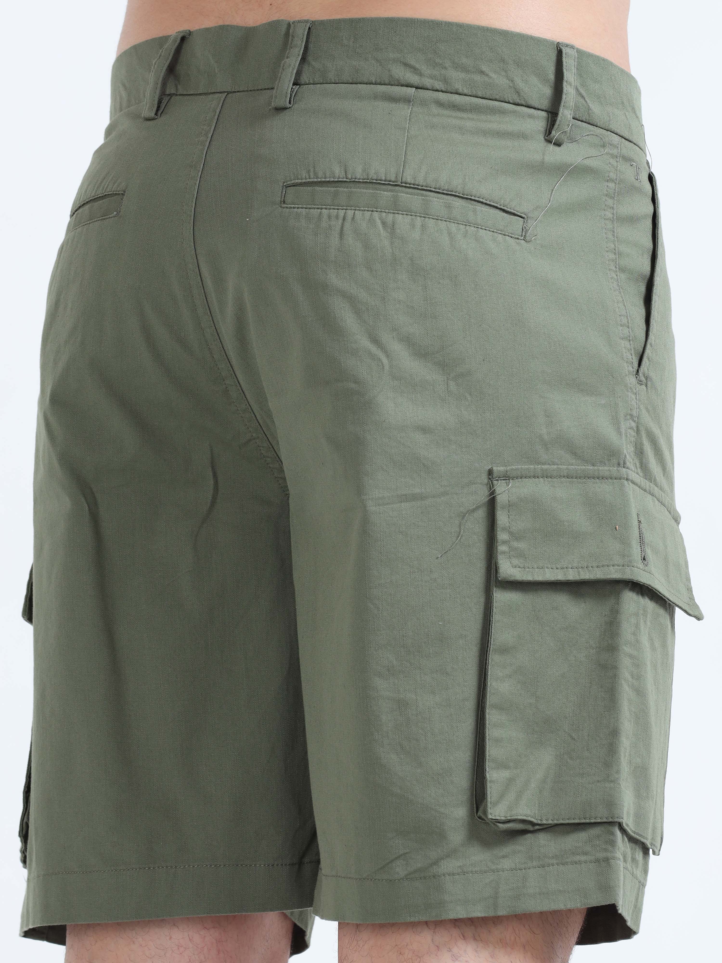 Soft Cotton Pleated Olive Cargo Shorts