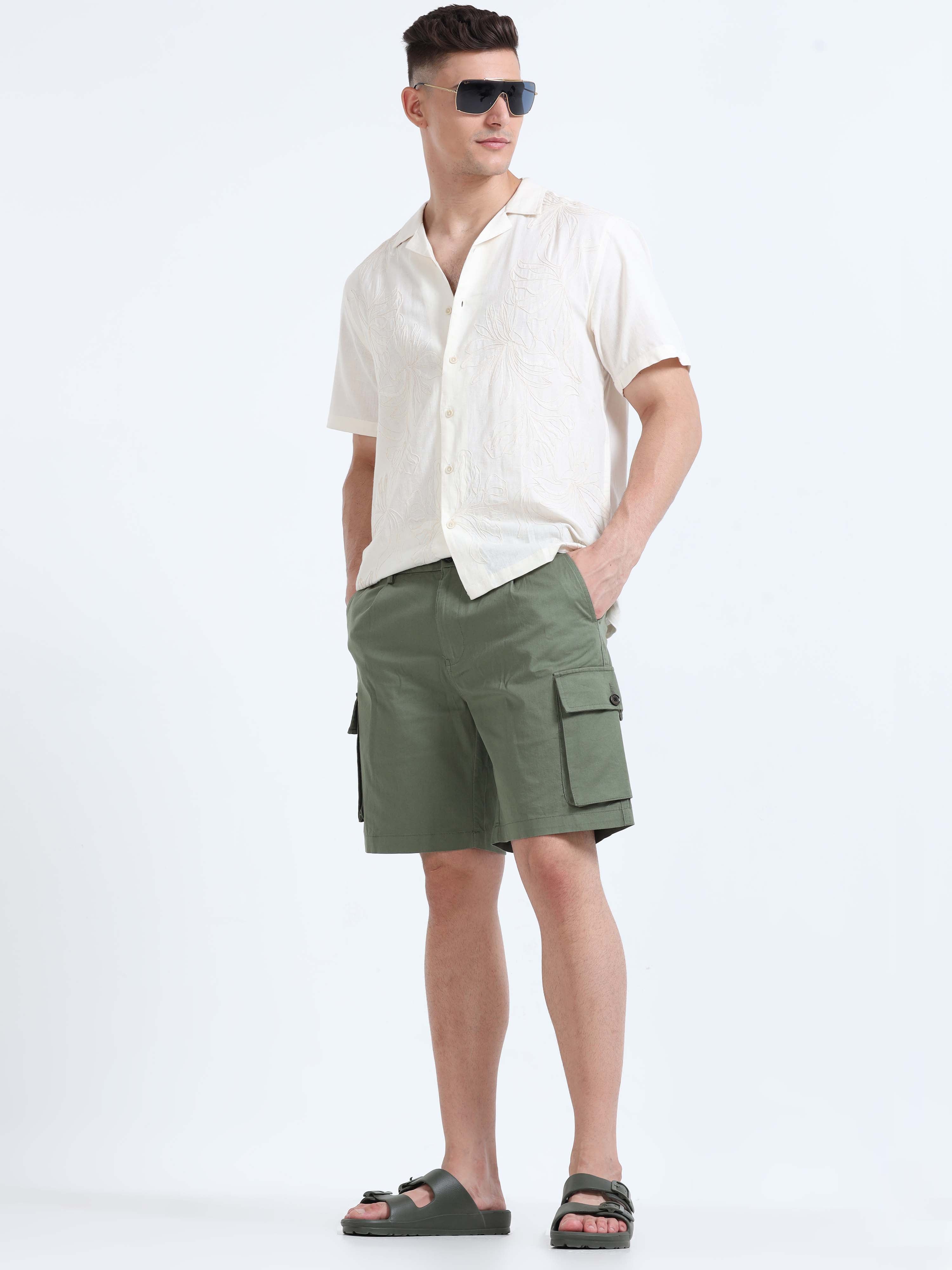 Soft Cotton Pleated Olive Cargo Shorts for men