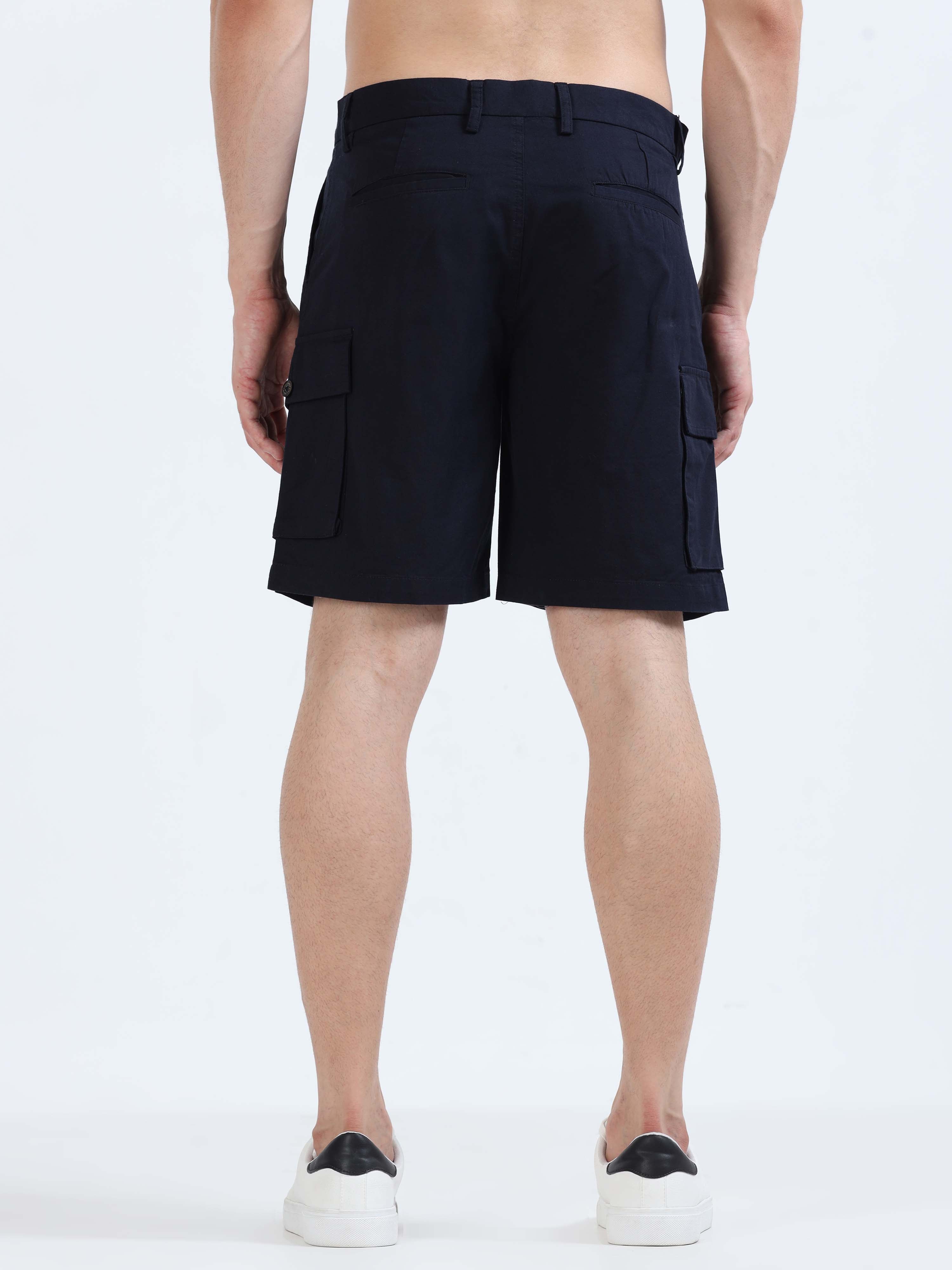 Soft Cotton Pleated Navy Cargo Shorts for Men