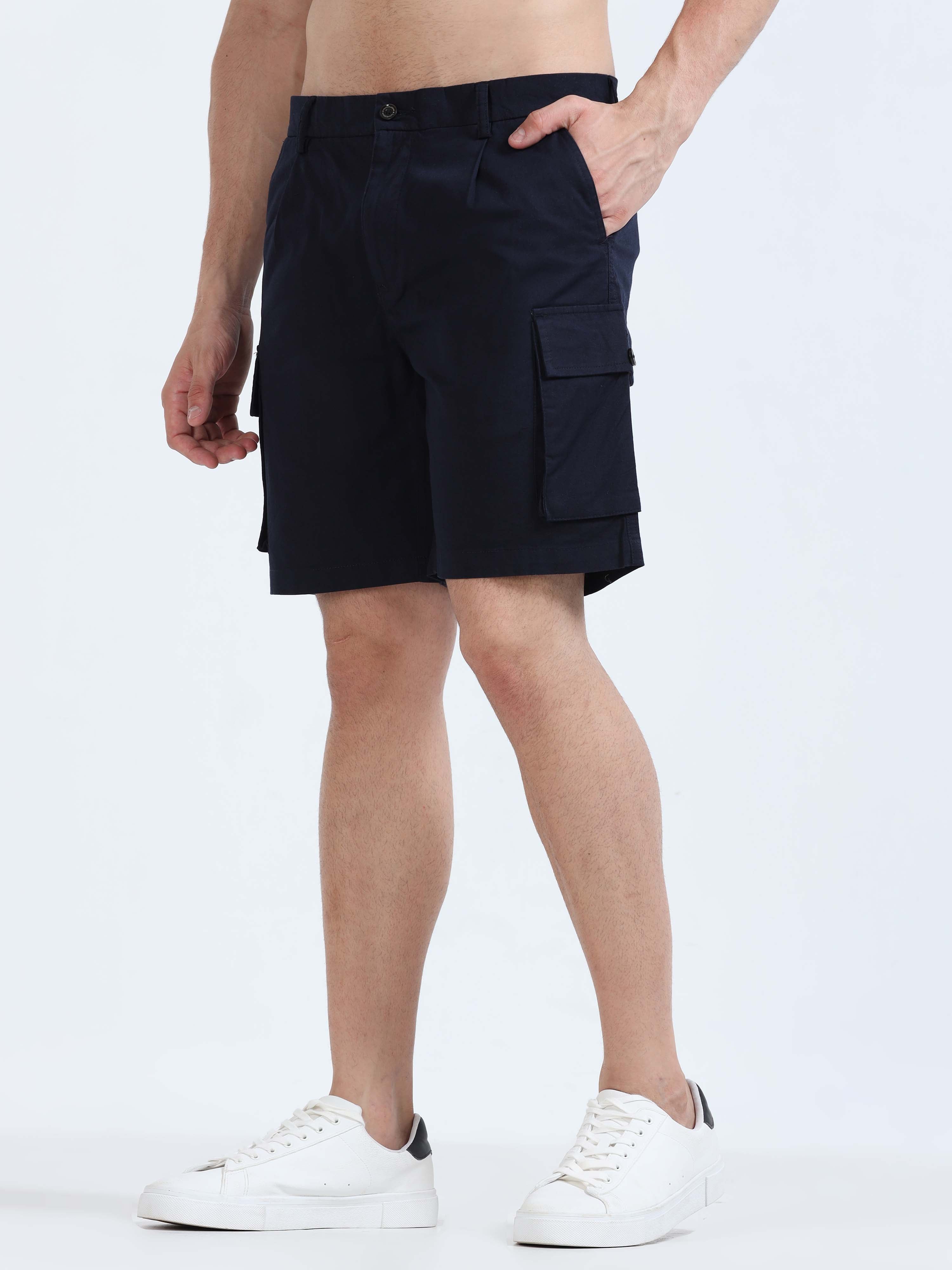 Soft Cotton Pleated Navy Cargo Shorts for Men