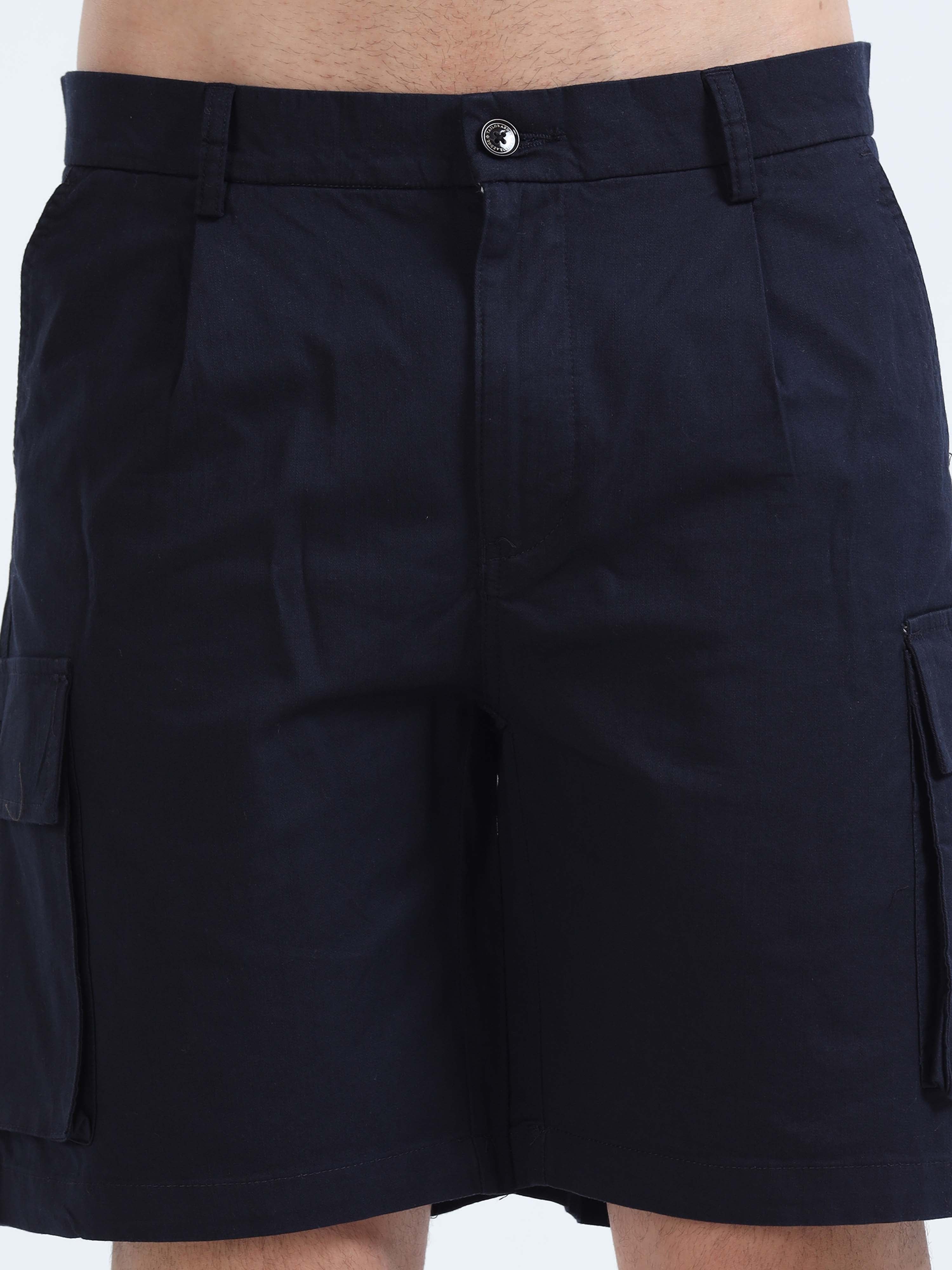 Soft Cotton Pleated Navy Cargo Shorts for Men