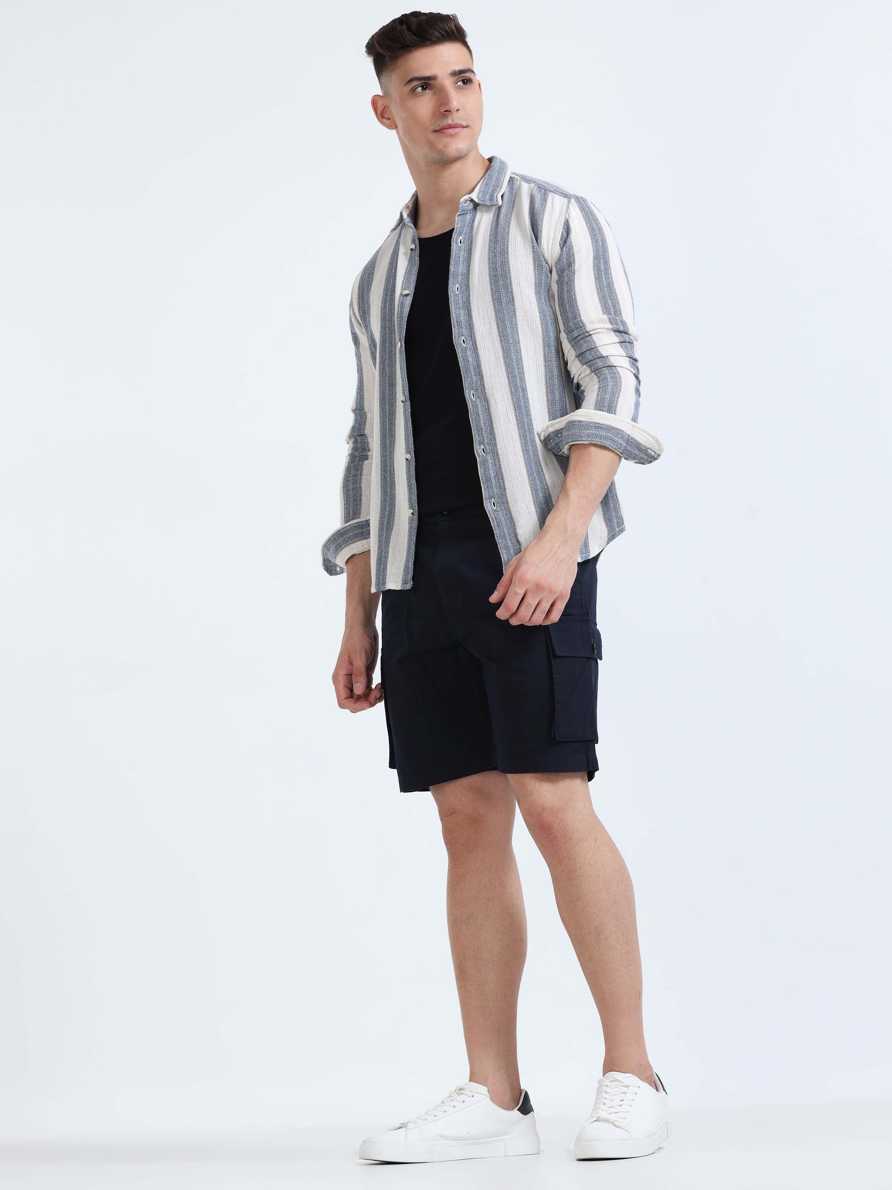 Soft Cotton Pleated Navy Cargo Shorts for Men