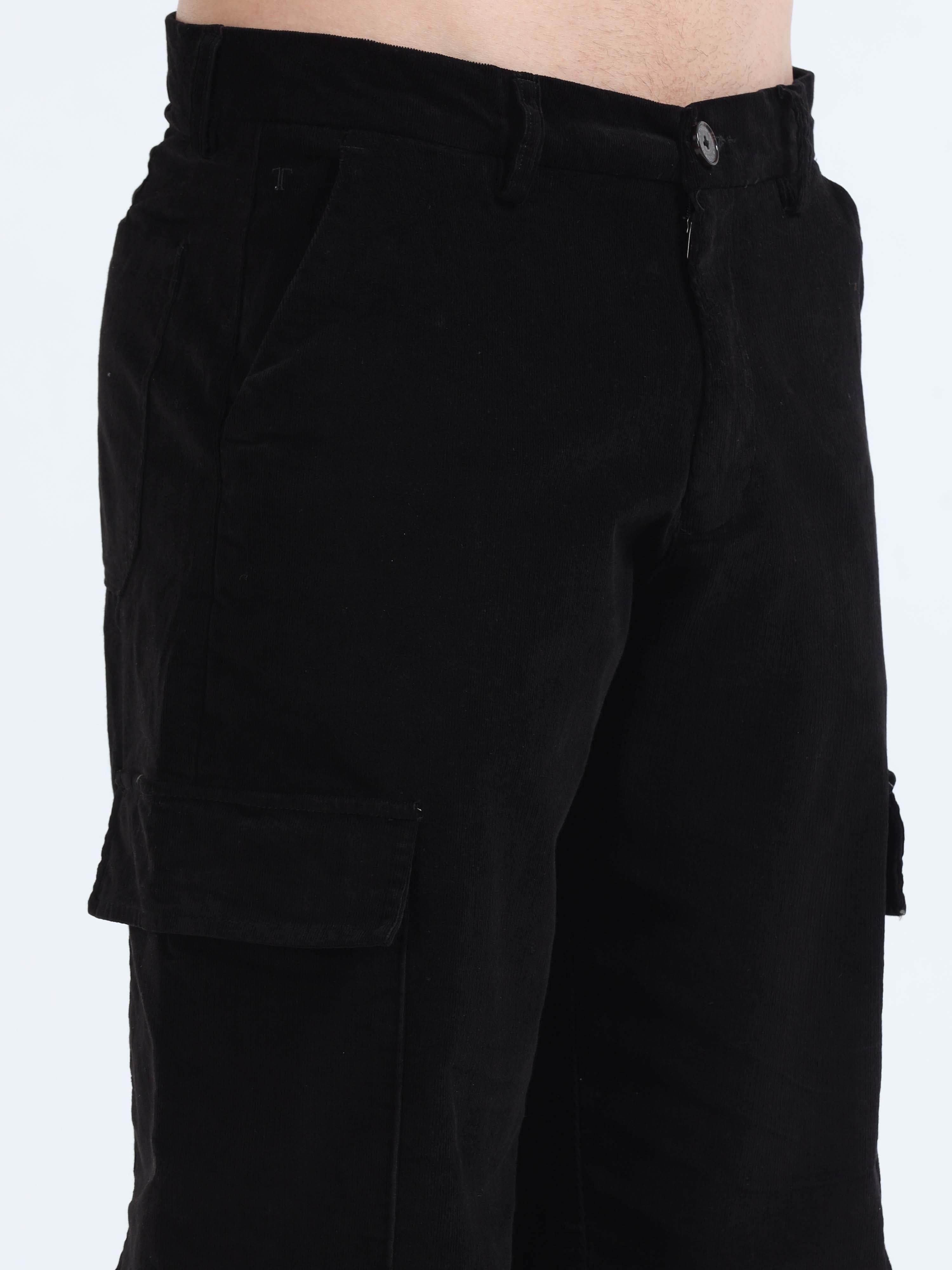 Soft Corduroy Black Relaxed Cargo Pant